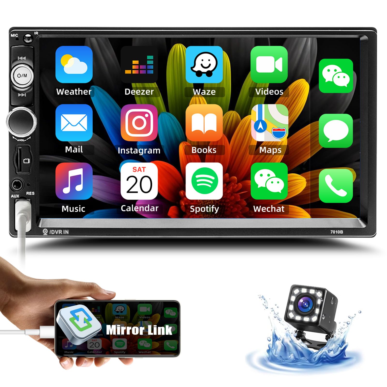 CAMECHO Radio de Coche 2 DIN con Bluetooth, 7 Pulgadas Pantalla Táctil Autoradio Soporte Mirror Link FM/AUX/Conexión Espejo/Control del Volante + Cámara de Respaldo