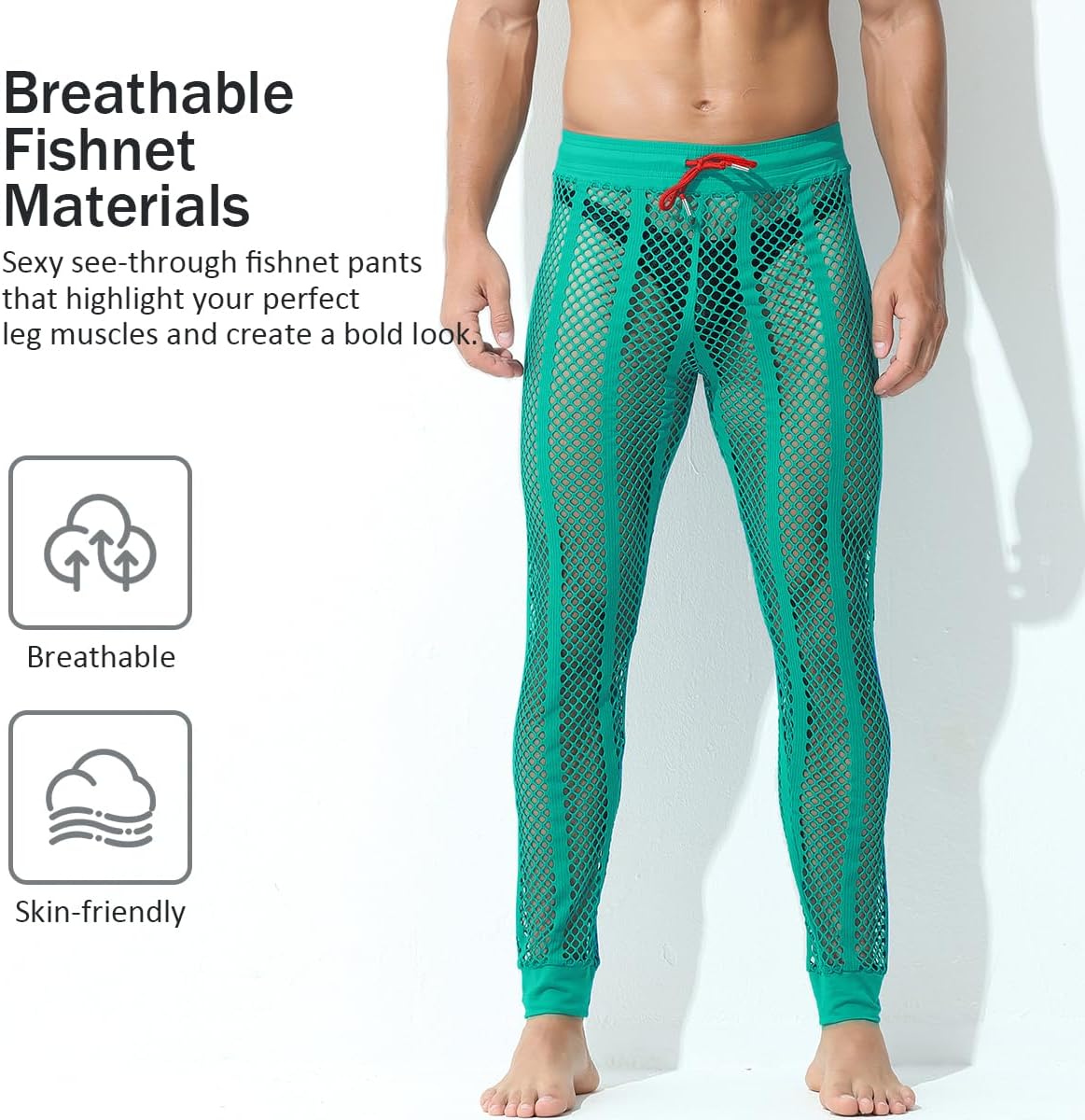 YINYOUYU Men's Fishnet Pants Drawstring Mesh See Through Bottoms Leggings Muscle Long Pants