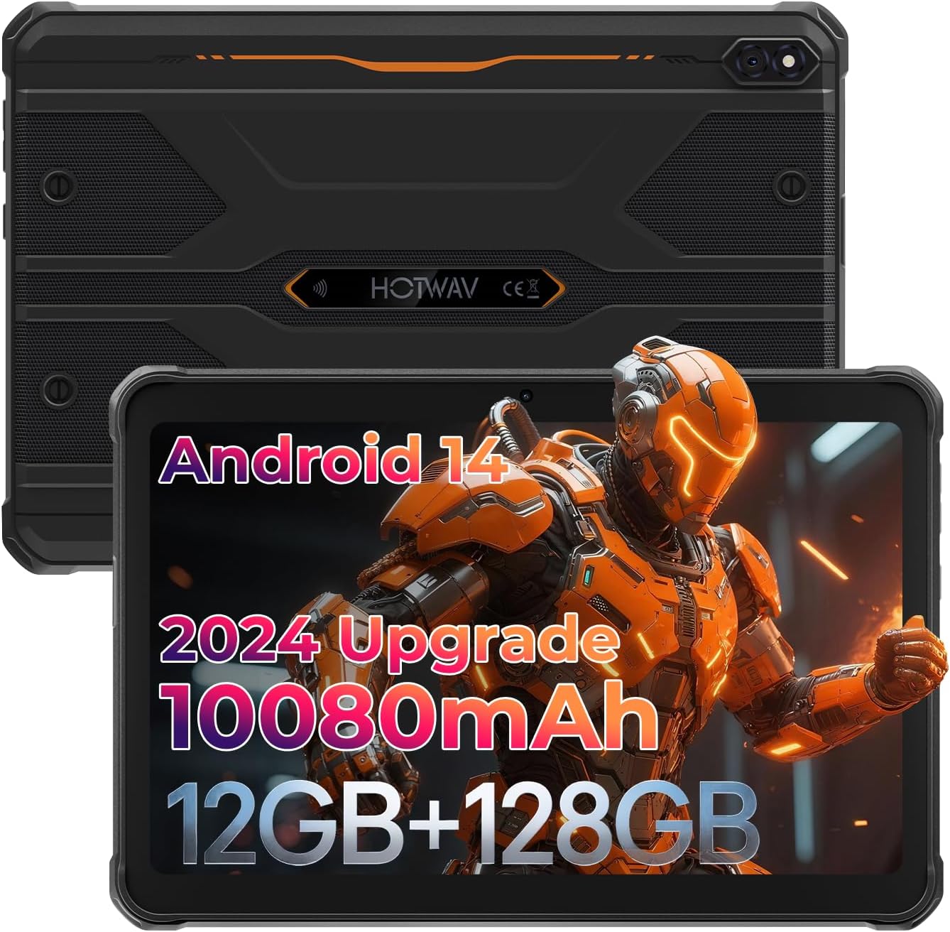 HOTWAV R8 Waterproof Tablet Android 14, 10.1inch HD+ Rugged Tablet, 10800mAh, 12GB + 128GB/TF 1TB, 13MP+5MP Camera Outdoor Work Tablets, Octa-Core/Dual SIM 4G/WLAN 5/IP68&IP69K/Face ID/GPS/OTG Orange
