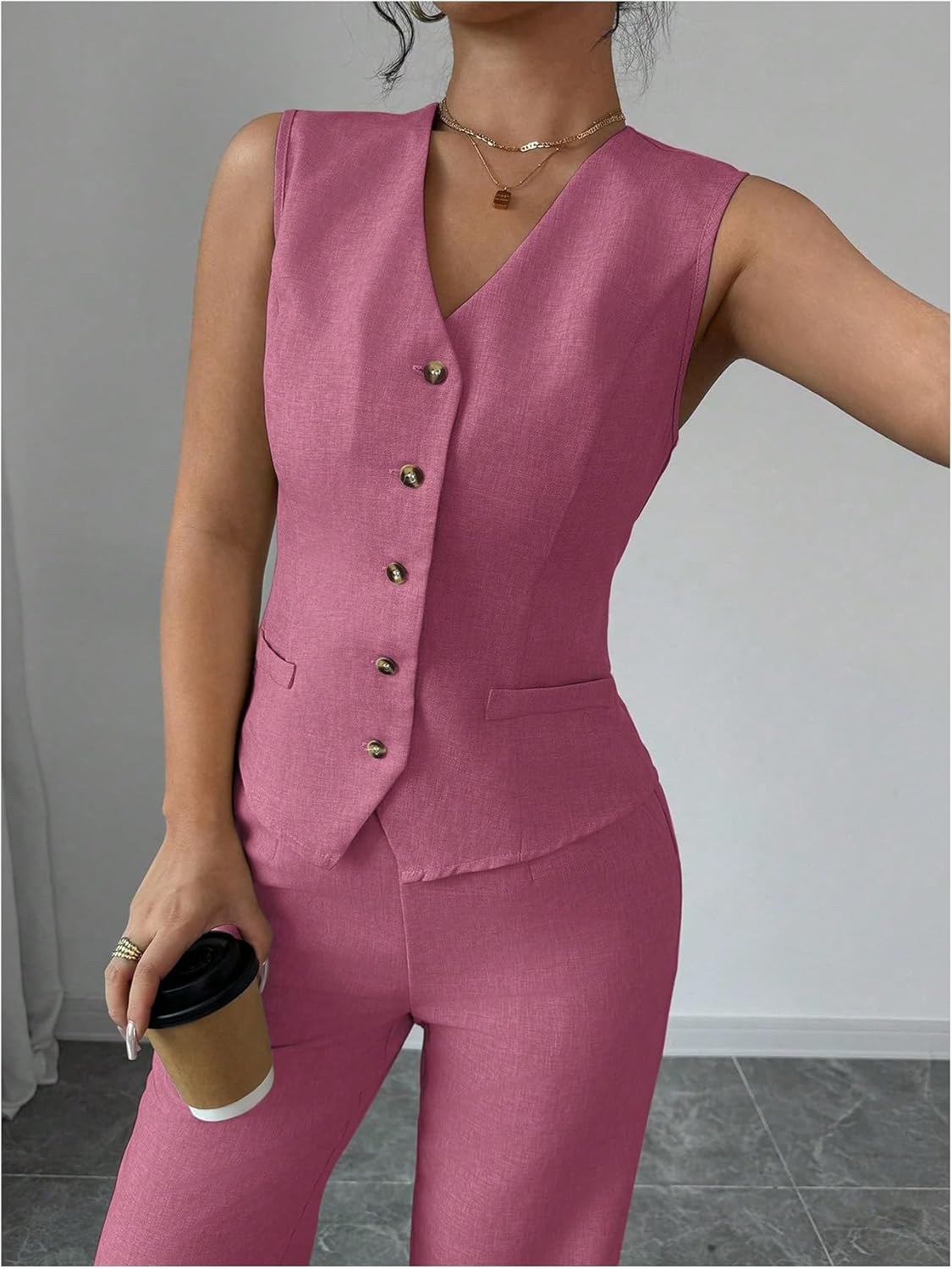 SOLY HUX Women's 2 Piece Outfits V Neck Button Down Vest Tops and High Waisted Pants Set Office Work Suit - Image 3