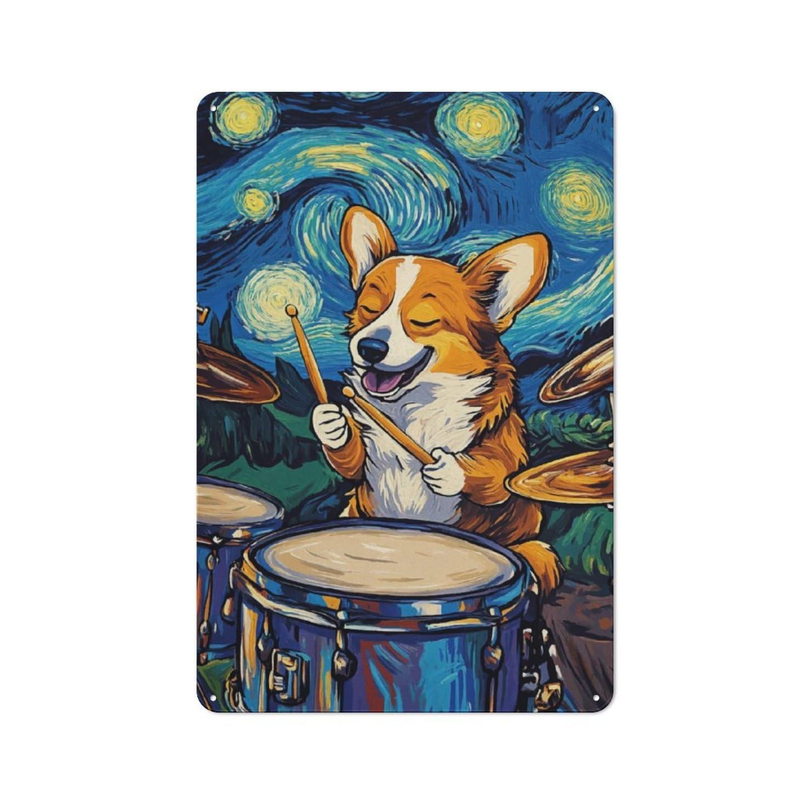 Junmoney Corgi Drummer Starry Night Tin Wall Plaque 30X20cm, Rustic Cottage Wall Art For Dining Room, Cafe, Entryway Or Family Room