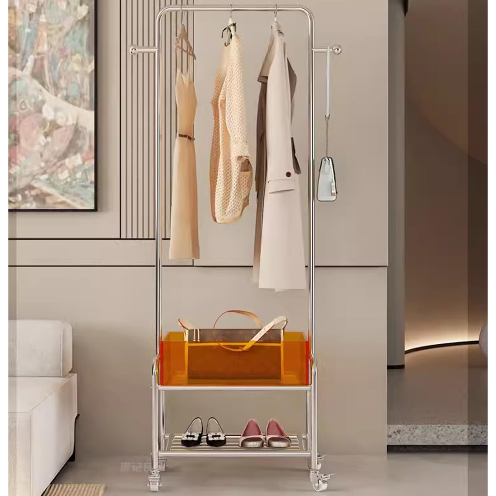 Garderobenständer Silberner Edelstahl Kleiderständer Auf Rädern, Moderner Kleiderablage Mit Aufbewahrungsboxen Aus Acryl Und 2 Haken, Freistehender Garderobe Fürs Schlafzimmer, 55(Color:Silber+Orange)
