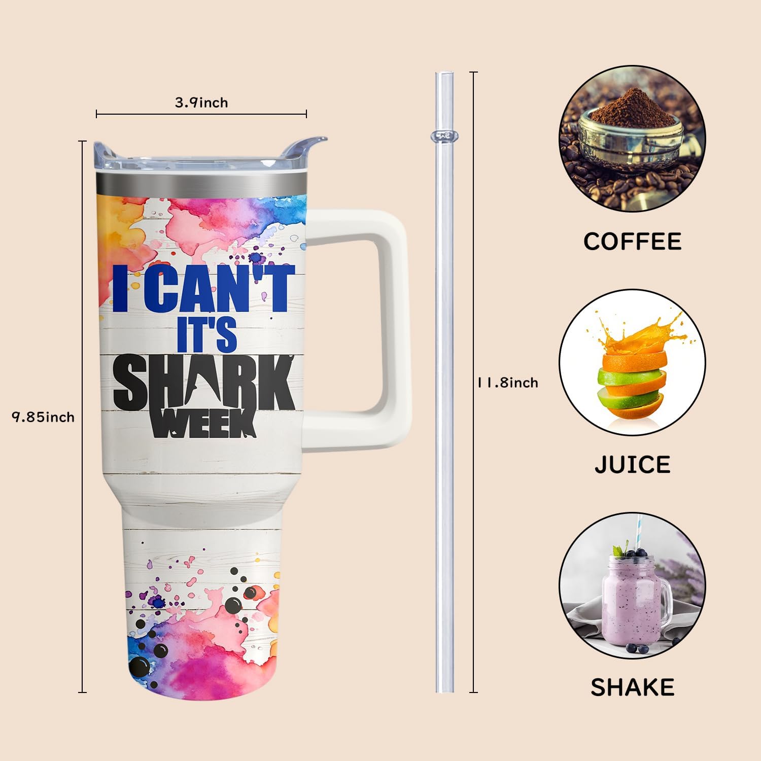 40oz Shark Tumbler with Handle and Straw,Ocean Stainless Steel Insulated Cup with Lid and Straw, Travel Coffee Mug Water Bottle, Birthday Mothers Day Gifts for Women Men Animal Lovers