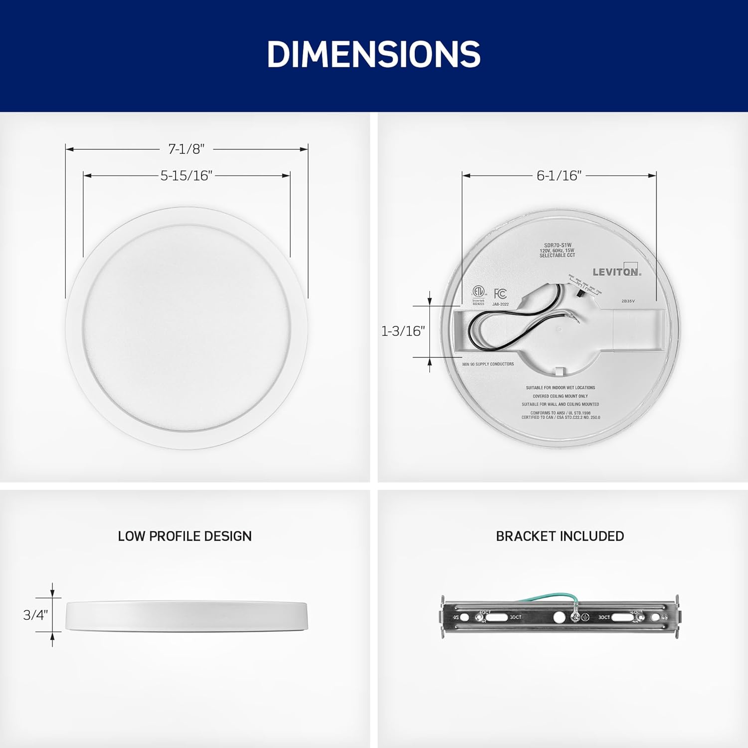 Leviton SDR 7 in. Low Profile Round Surface Mount LED Downlight, 1100 Lumens, 5 CCT Color Selectable 2700K-5000K, Dimmable, Wet Location Rated, SDR70-S1W