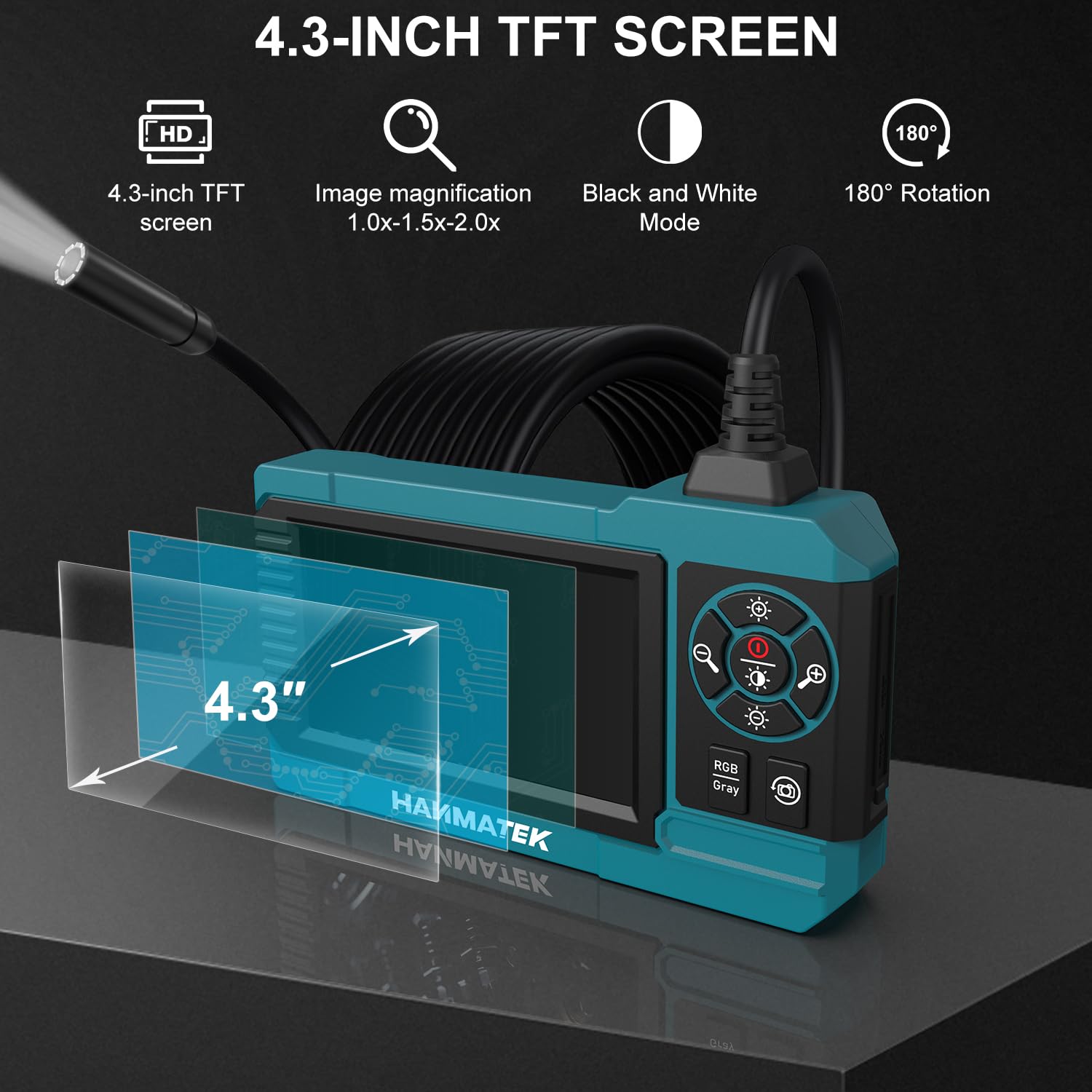 HANMATEK Endoskop przemysłowy, sonda z kamerą endoskopową 8 mm, ekran TFT 4,3 cala 1080P, wodoodporny kabel IP67, 8 regulowanych diod LED, ładowanie USB-C, obrót 180° - IE01