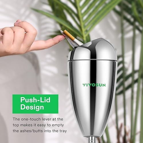 Miniatura 2 de VIVOSUN Cenicero de pie para el suelo, cenicero al aire libre con tapa de acero inoxidable, altura ajustable de 21.5 a 35 pulgadas para el hogar,