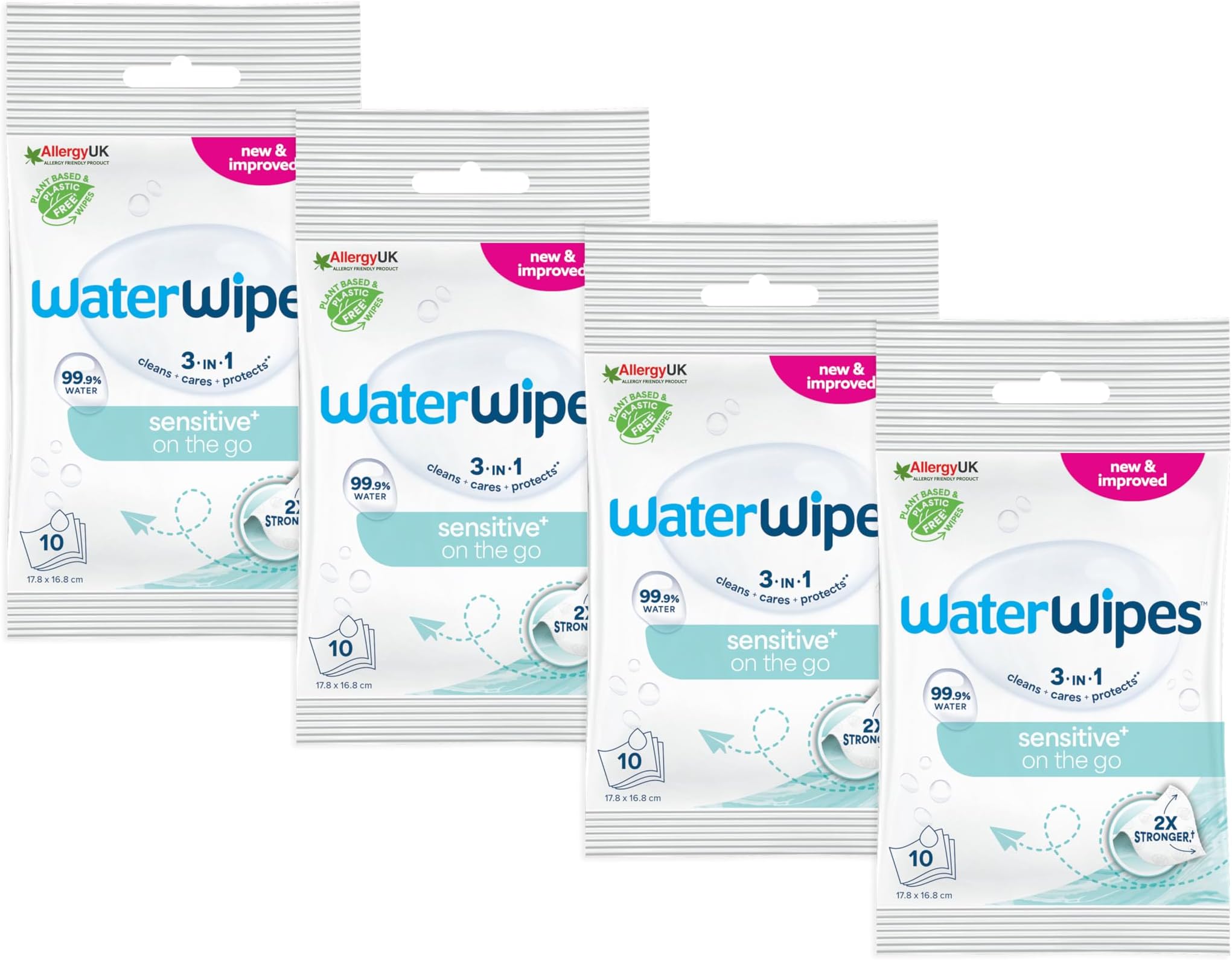 WaterWipes Sensitive+ On The Go Wipes, 40 Wet Wipes (4 Packs), 99.9% Water Based