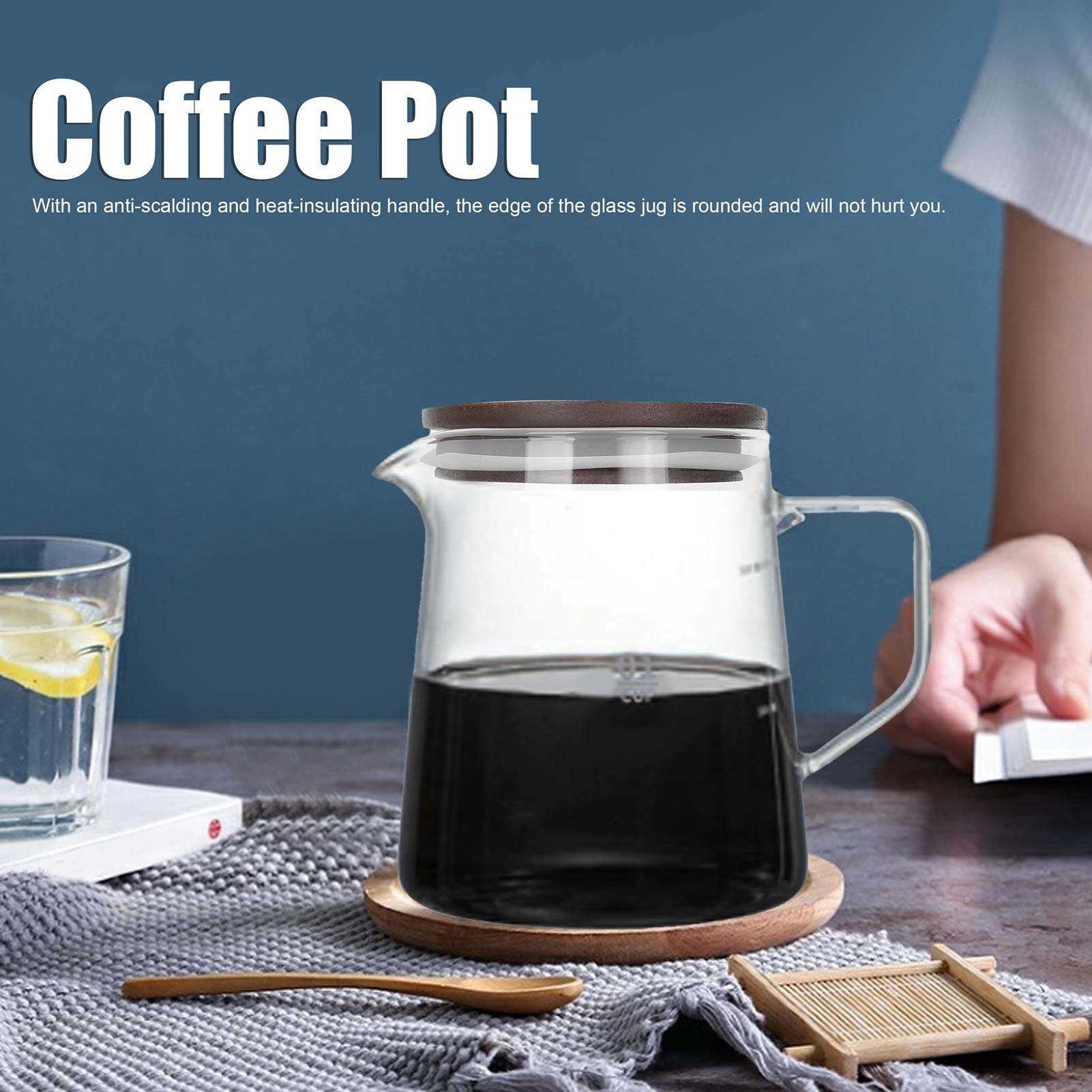 Glass Coffee Server, 300ml Clear Coffee Carafe with Wooden Lid Pour over Decanter Glass Coffee Maker Coffee Pot Teapot Teakettle