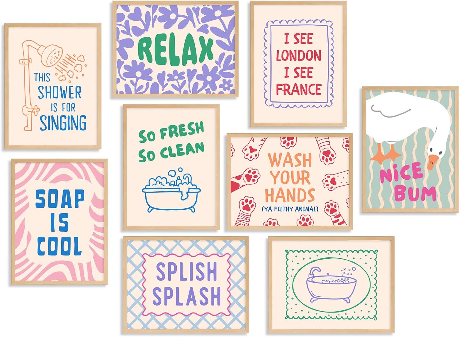 9Pcs Funny Bathroom Wall Art Trendy Washroom Quotes Canvas Wall Decor Cute Shower Karaoke Pictures I See London I See France Poster Decor Prints for Bathroom Washroom Restroom 12x16 In Unframed