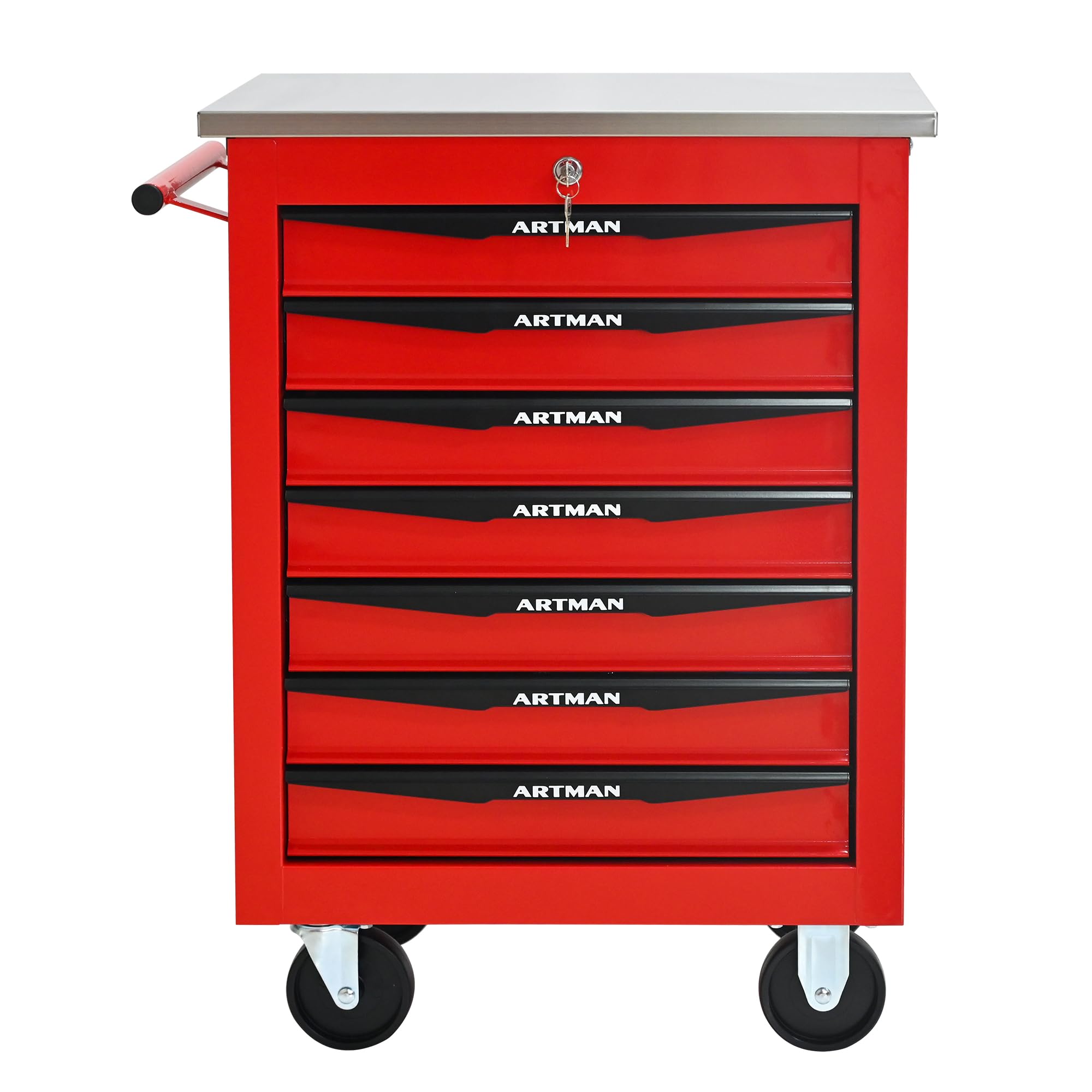 Generisch Carrello portautensili a 7 cassetti in metallo con scivolo a sfera, 4 ruote e serratura a chiave, ideale per garage e officina (56,6 x 34,5 x 78,0 cm, rosso e nero)