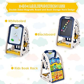 Costzon 3 in 1 Art Easel for Kids, Double Sided Magnetic Whiteboard & Chalkboard w/Book Rack, Height Adjustable Standing Book Shelf Art Easel w/Art Accessories Gift for Toddlers (Blue)