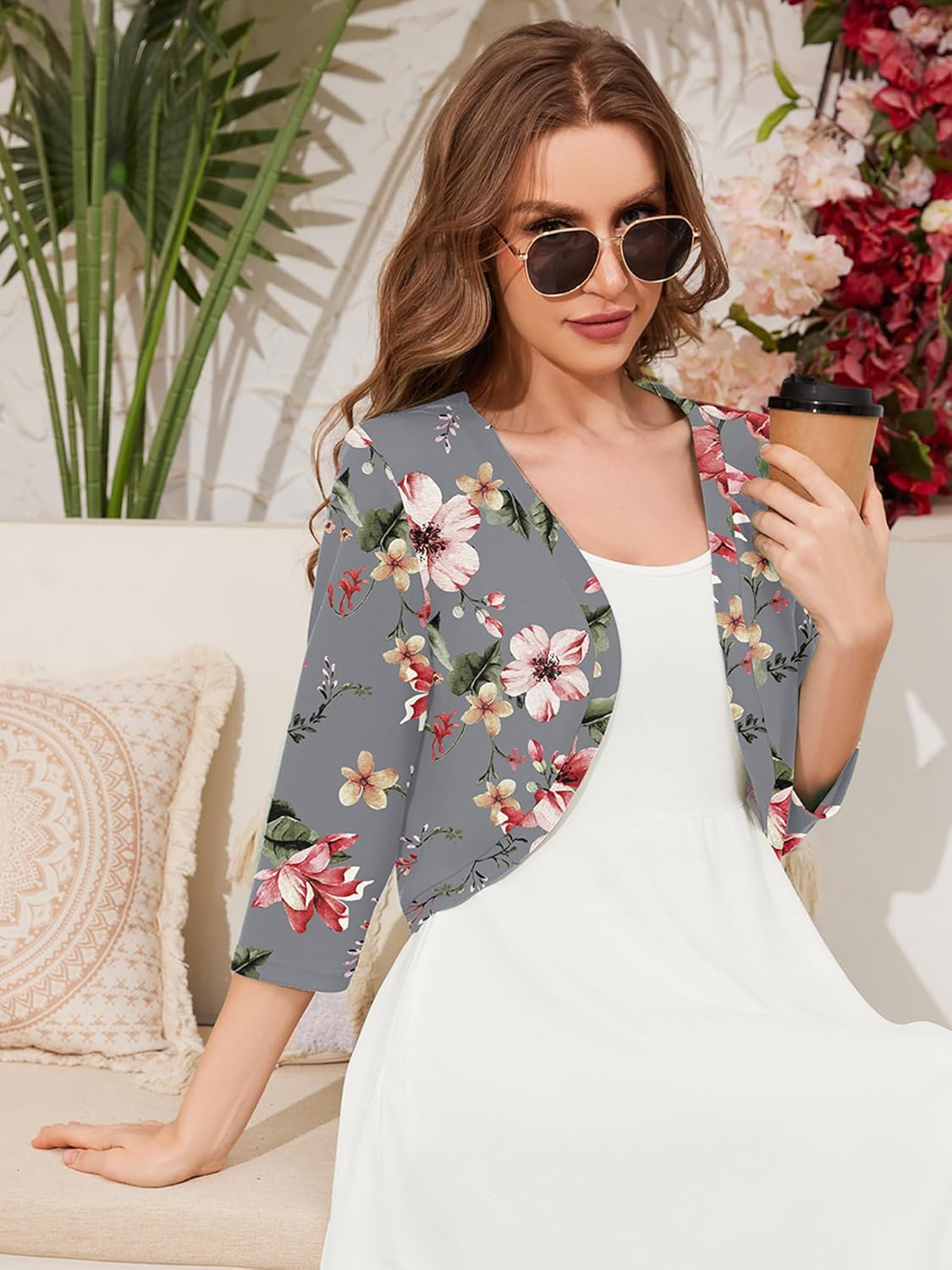 Women's 3/4 Sleeve Open Front Cardigan V-Neck Knit Cropped Bolero Shrug Sweater for Women - Image 2