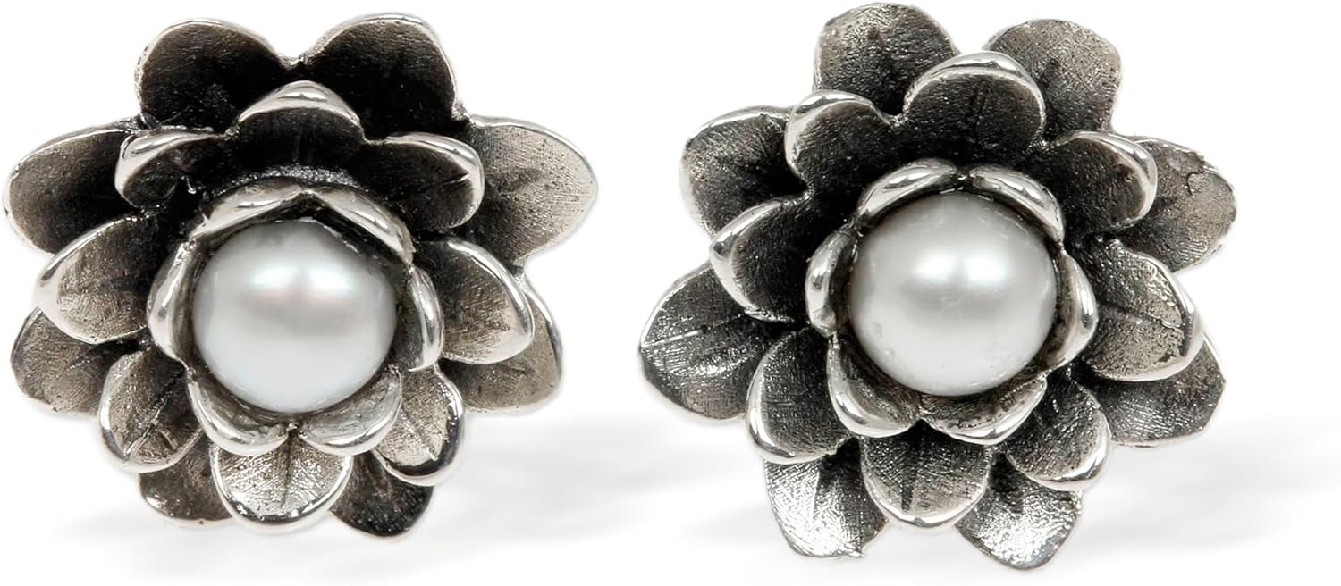NOVICA Artisan Handmade Sterling Silver Floral Button Earrings | White River Pearl | Indonesia Bridal Birthstone | White Eyed Lotus | 0.5" L x 0.5" W