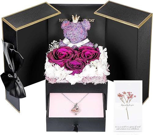 Miniatura 134 de ADDWel Rose Gifts for Women - Preserved Real Roses Forever Purple Flowers with I Love You in 100 Languages Necklace and Cute Moss Bear for