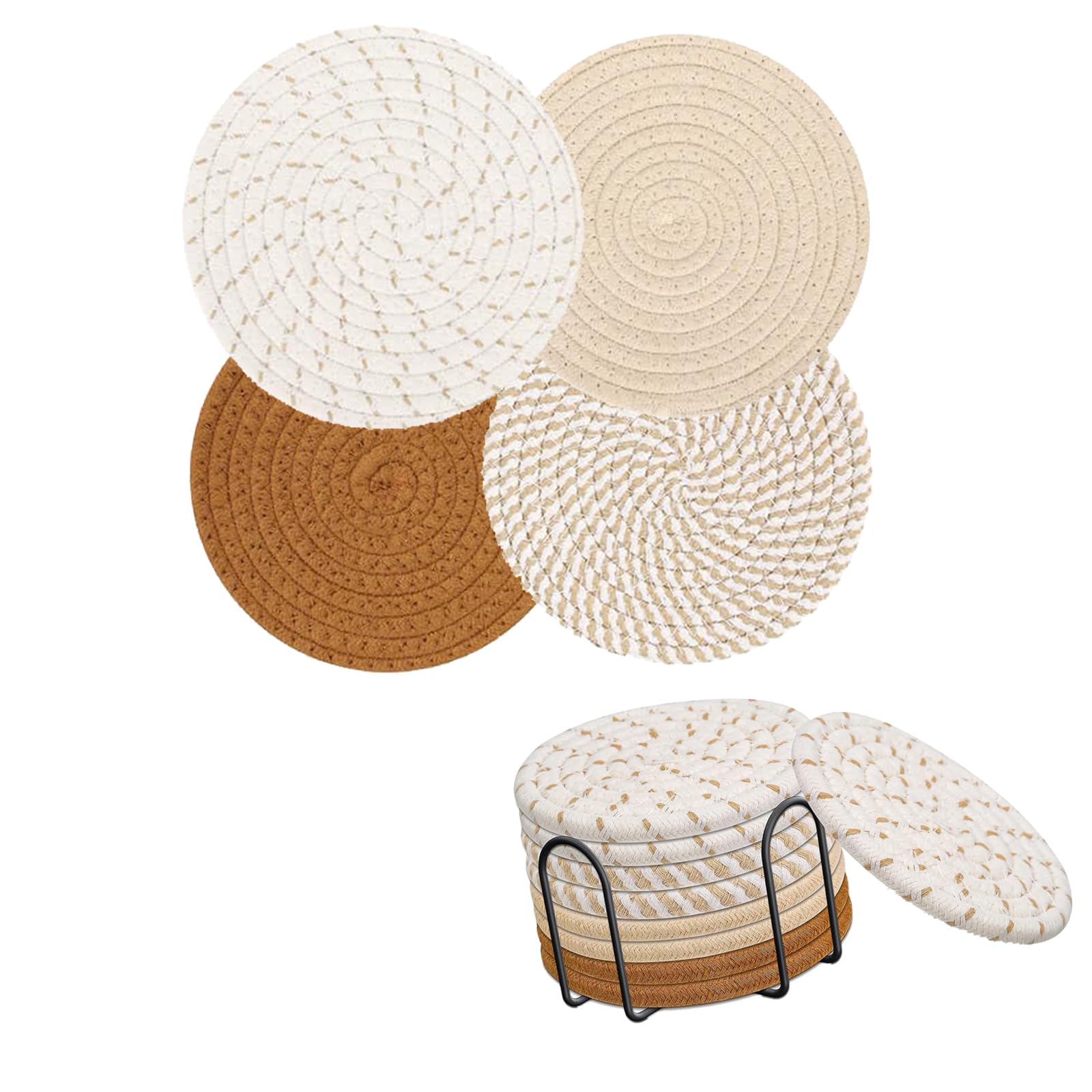 Set of 8 Minimalist Cotton Woven Drink Coasters with Holder - Absorbent Coaster Set for Home Decor and Tabletop Protection - 4.3 Inches, 4 Colors - Suitable for Various Cup Types