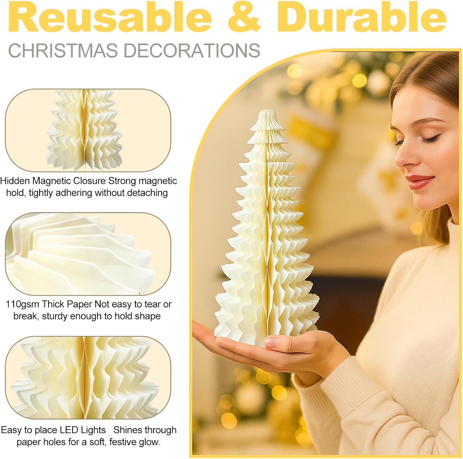 3 Pcs Large Paper Christmas Tree Decor 3D Honeycomb Christmas Trees Light up Vintage Table Centerpieces for Indoor Home Tabletop Mantel Decorations, 8/16/24 Inch