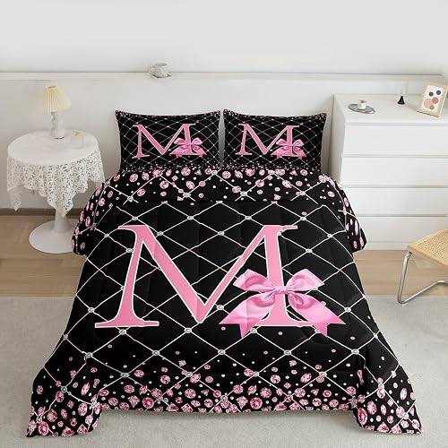Feelyou Pink Bowknot Comforter Set Initial Letter M Bedding Set Twin