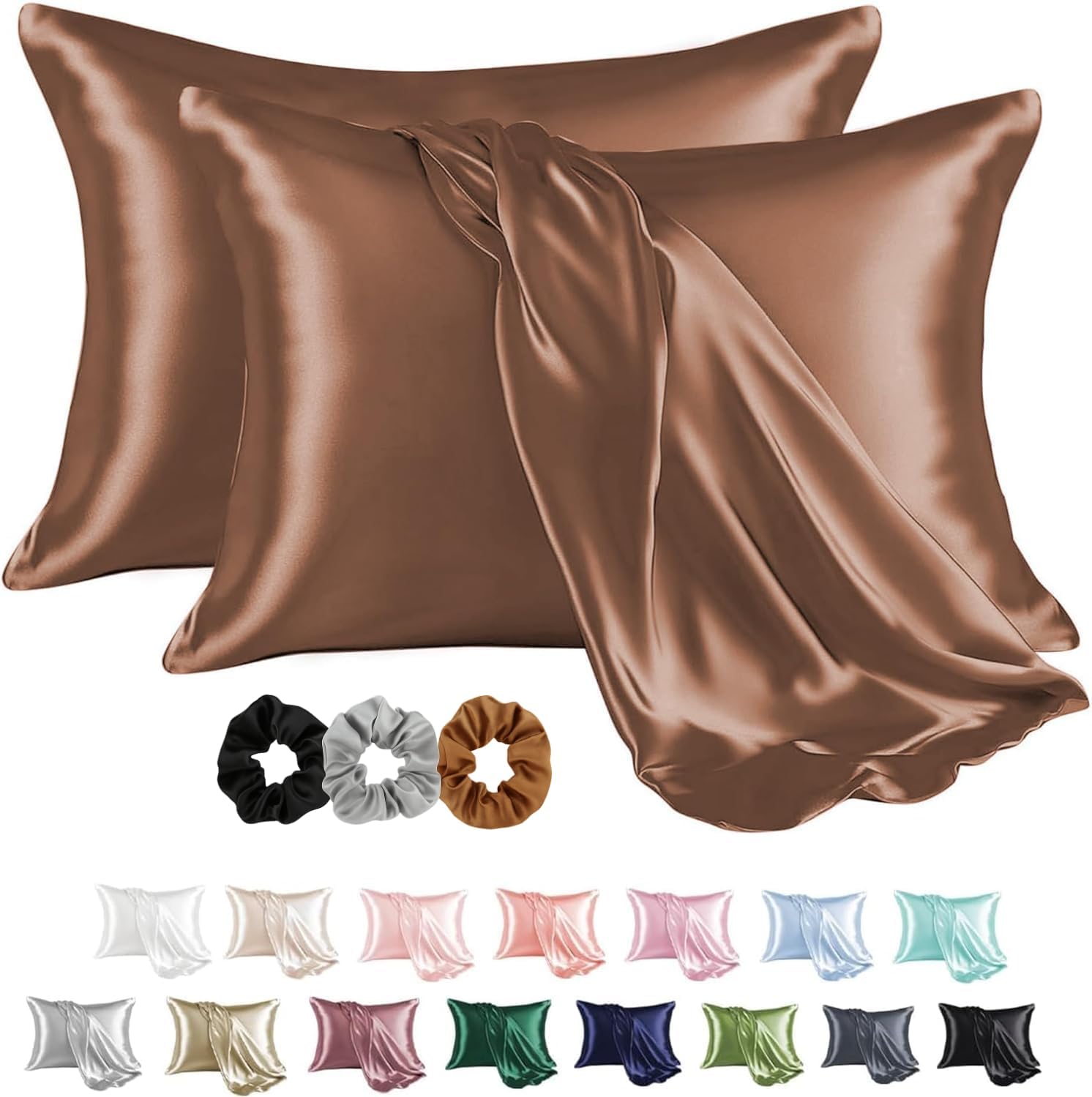 Craftelio® 2 Pcs Satin Pillow Covers for Hair & Skin with 3 Free Scrunchies – Soft, Cooling, Silk-Like Pillowcases Standard Size for Women & Men, Anti-Frizz, Breathable & Gift-Ready (Rose)