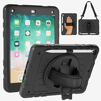 Case for iPad 6th / 5th Generation Case/Air 2 / Pro 9.7 inch, Heavy Duty Protective, with Pencil Holder, Hand Strap, Shoulder Strap, 360Rotate Stand Black