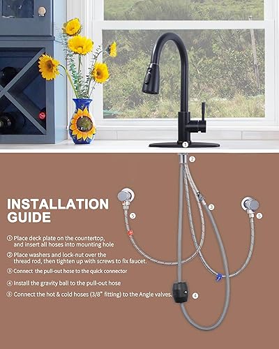 Miniatura 6 de WOWOW - Grifo de cocina de bronce con rociador, grifo de fregadero de cocina de acero inoxidable aceitado, grifos de cocina de arco alto para