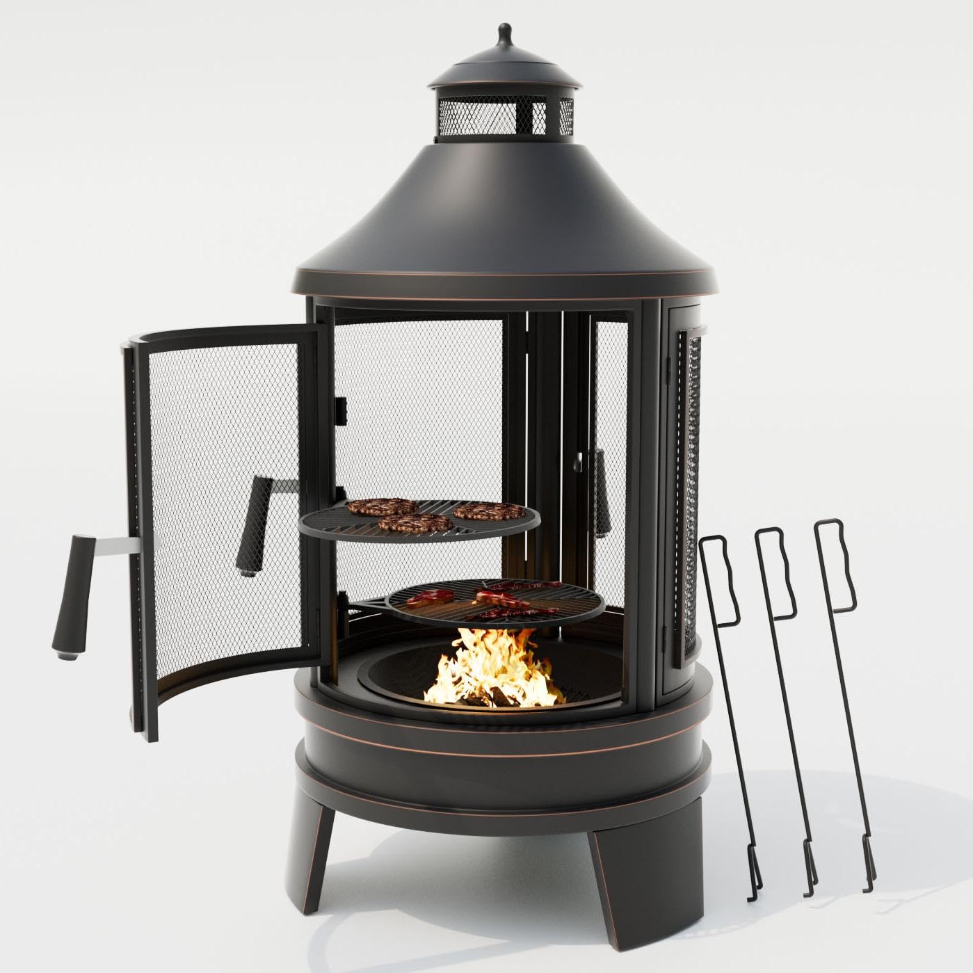 ALAULM Braciere in metallo con griglia, braciere 2 in 1 con griglia regolabile e porta zanzariera a rete, camino a 3 porte multi-accesso per patio, giardino e cortile
