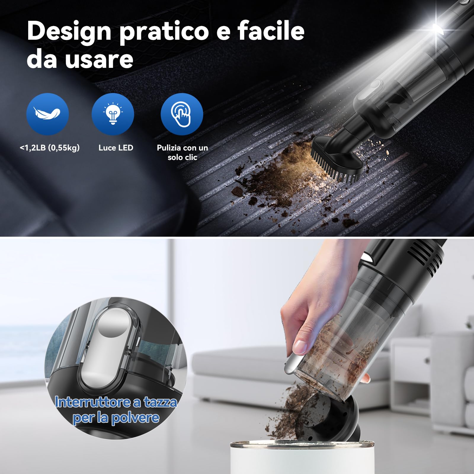 Aspirapolvere Portatile, 9500PA Mini Aspirabriciole Senza Fili, Aspirapolvere Ricaricabile Filtro Metallo HEPA con Illuminazione a LED, 7 accessori, per Auto Casa