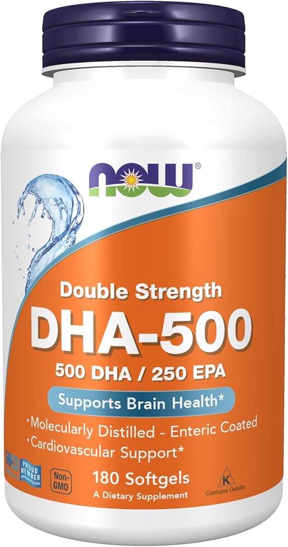 NOW Supplements, DHA-500 with 250 EPA, Molecularly Distilled, Supports Brain Health*, 180 Softgels