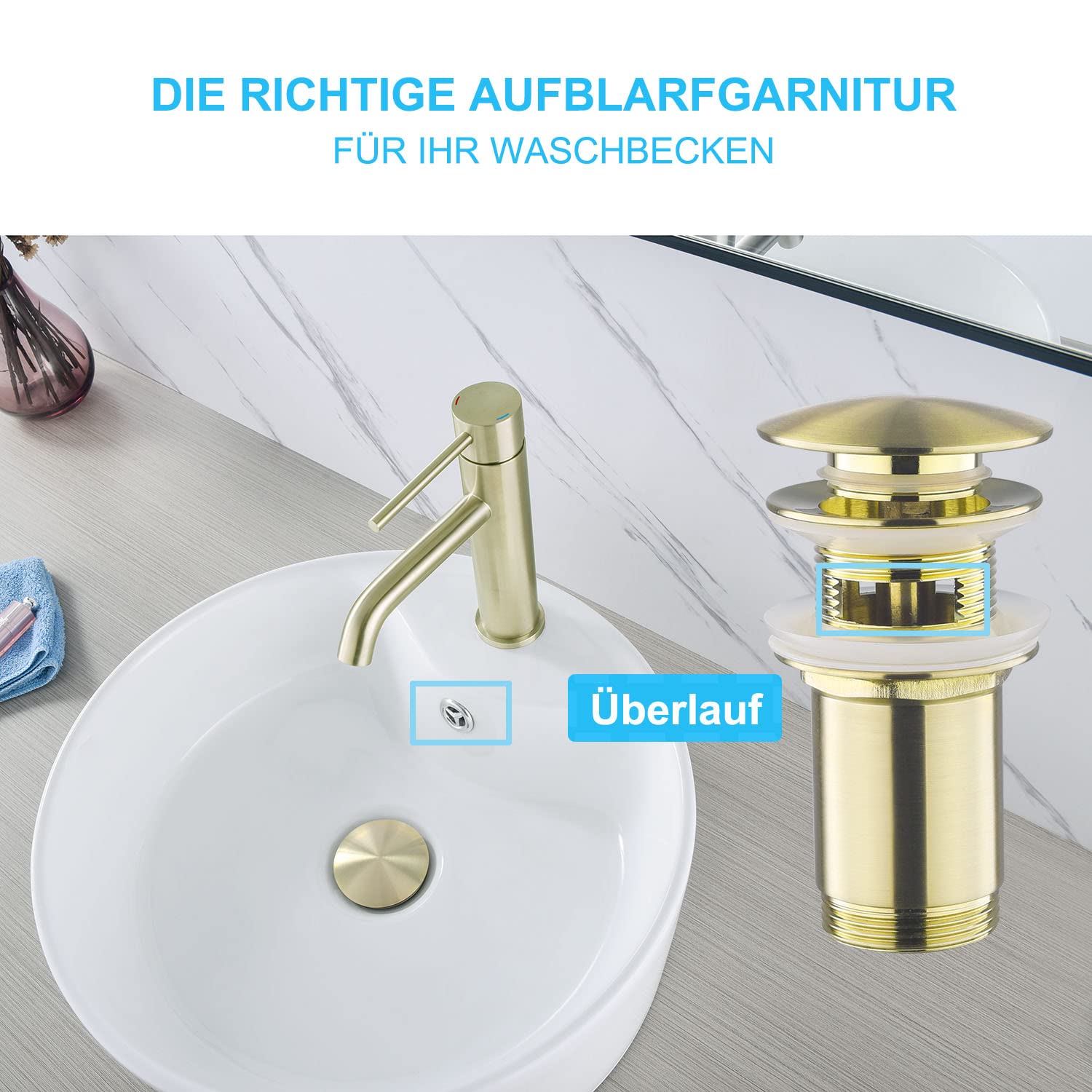Kit – Siphon avec Bonde avec Trop-plein pour Lavabo Or Brossé, Laiton Universel Design Siphon Anti-Odeur, 1 1/4 Syphon Sifon