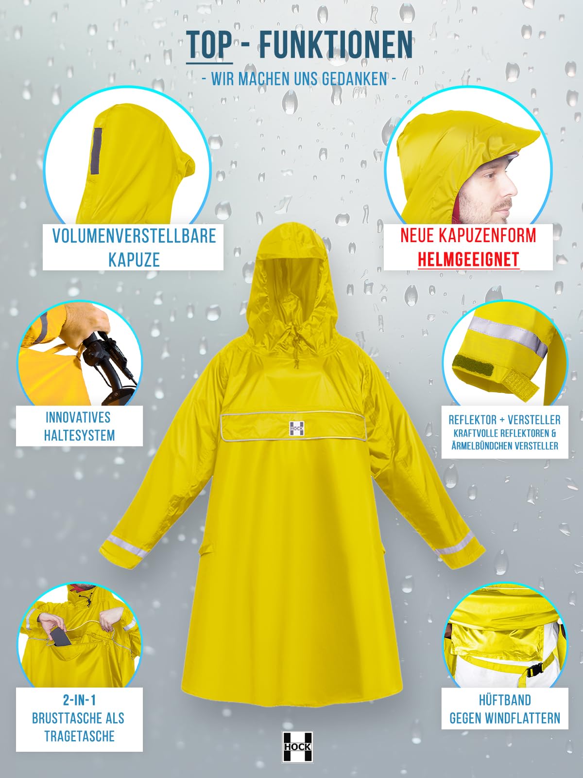 HOCK Poncho antipioggia per bici elettrica premium con maniche per bicicletta ed e-bike, impermeabile al 100%, Giallo, L