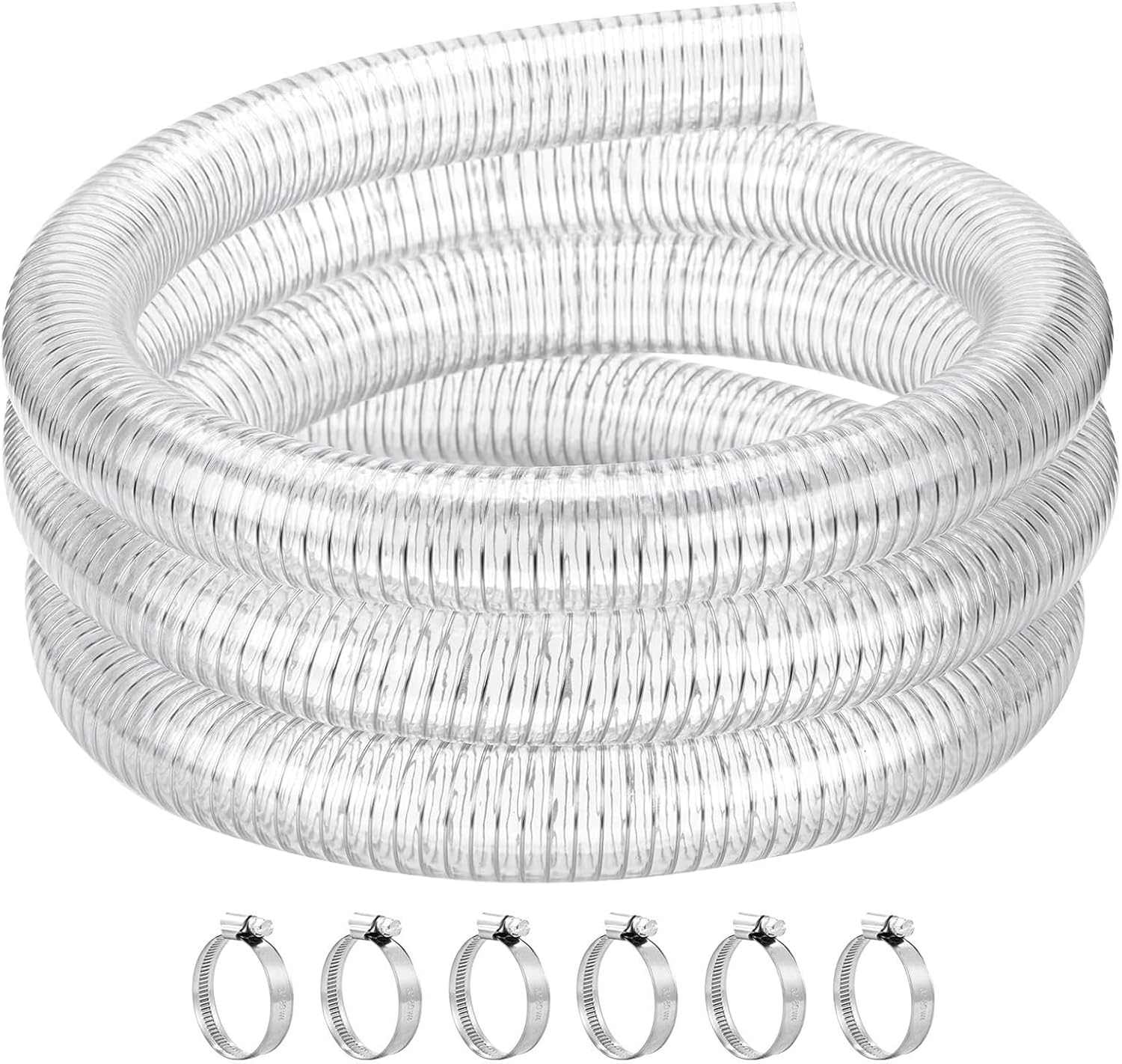 50Ft - 1-1/2''ID Wire Reinforced Hose Clear Heavy Duty Suction Line with 6 Clamps PVC Flexible Vinyl Tubing with Spiral Steel Wire, Drain Water Fuels Powder for Boat Marine Bilge Pump