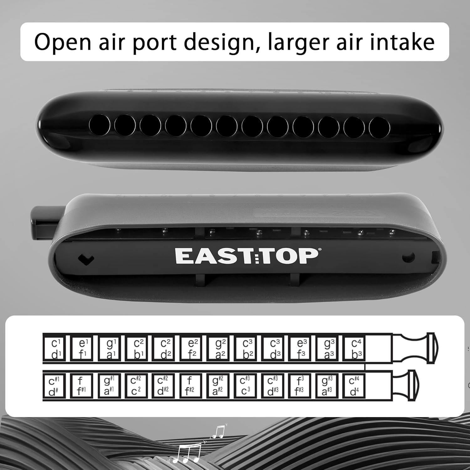 EAST TOP ET12 Chromatic Harmonica in A for Adults and Professionals with Unique Modern Design, Black Cover