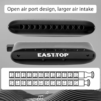 EAST TOP ET12 Chromatic Harmonica in B for Adults and Professionals with Unique Modern Design, Black Cover
