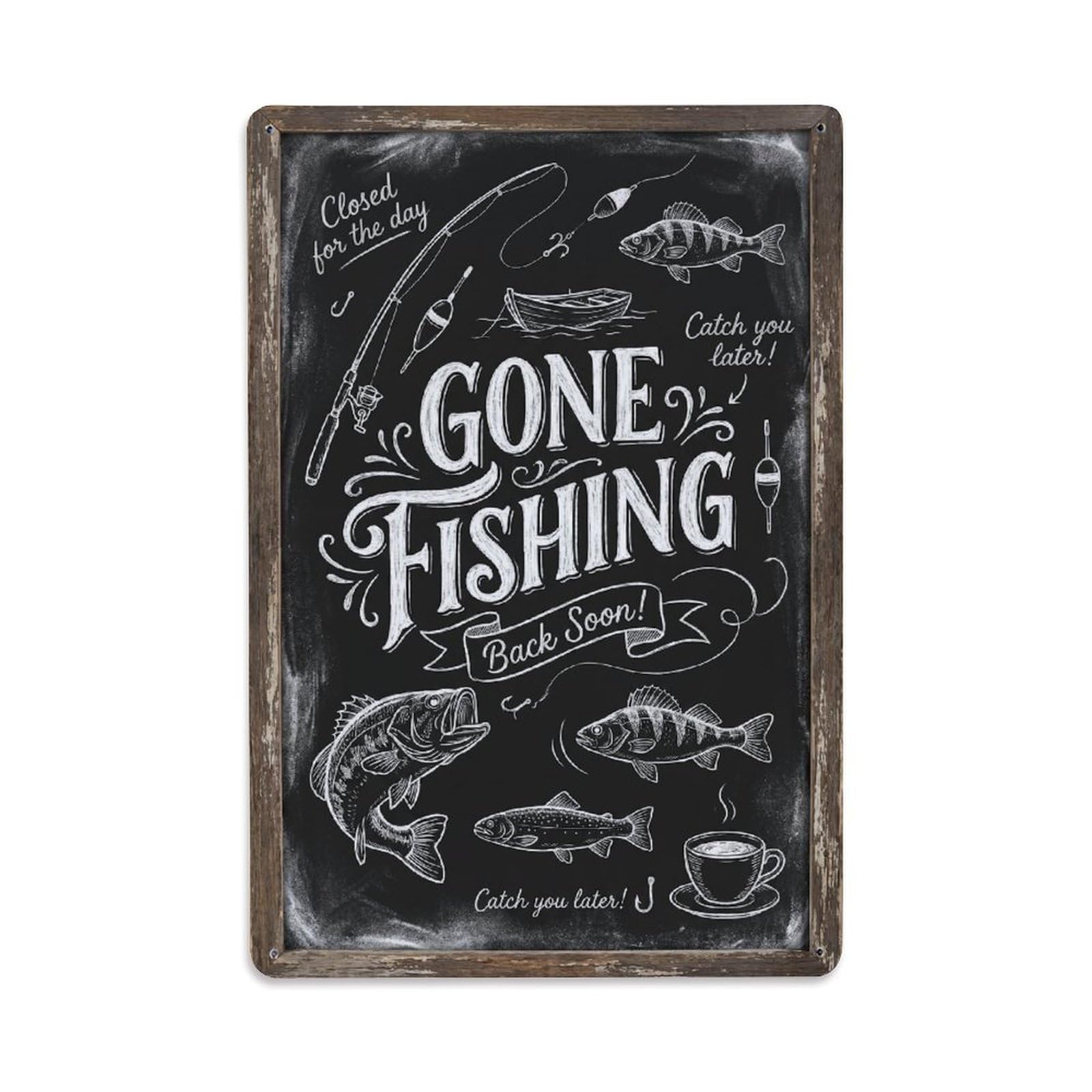 Gone Fishing Lake Cabin Vintage Metal Tin Sign Plaque Wall Decor for Cafe, Club, Garden Metal Poster 8x12Inch