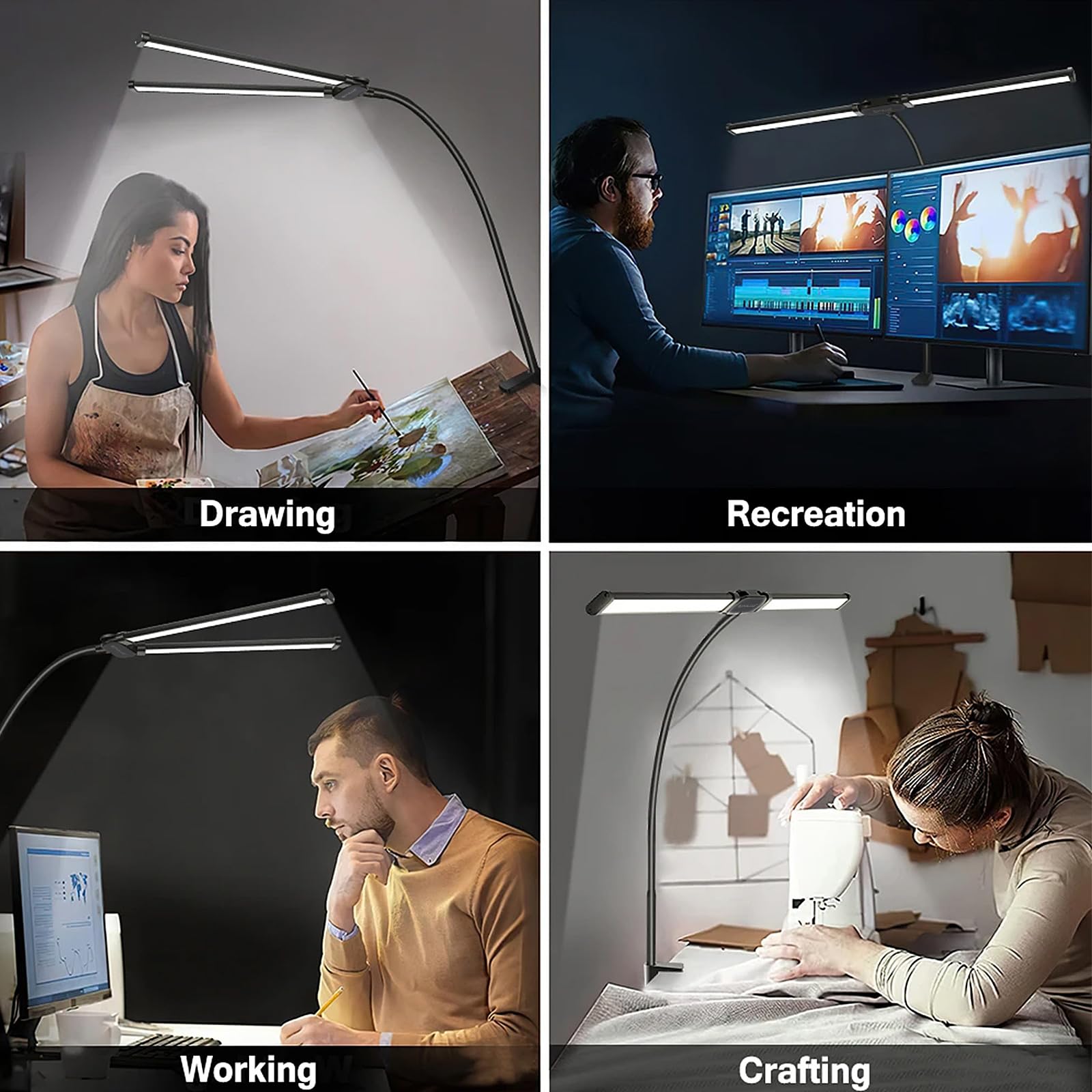 Lampada da lavoro LED a clip con doppio collo cigno, lampada da lettura a risparmio energetico, 10 luminosità per trucco e fotografia Luminosità dimmerabile