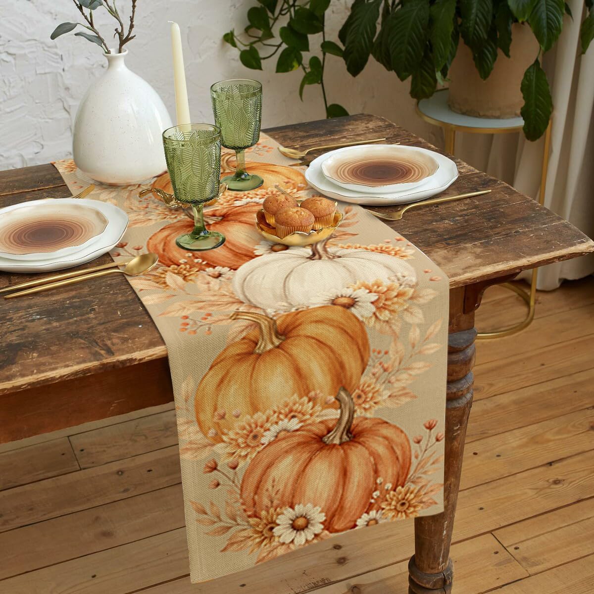 Teal Flower Table Runner, Vintage Farmhouse Country Floral Rustic Wood Table Runners for Dining Room, Kitchen, Living Room, Holiday and Party Table Decor 13 x 72inch