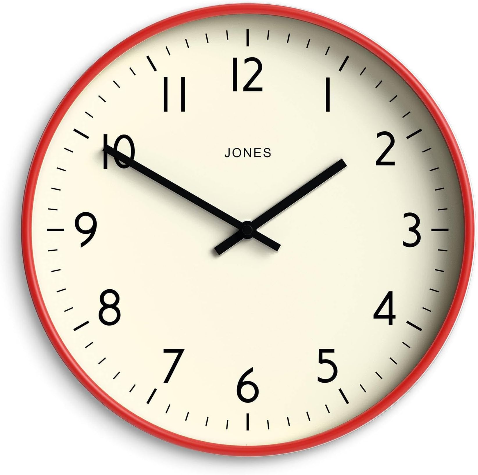 JONES CLOCKS® Studio wall Clock | Modern Round Style | 12 inch | Red | Easy to Read Numbers | Versatile Design for Kitchen, Living Room or Office