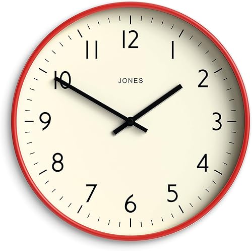 JONES CLOCKS , Reloj de pared Studio con marco crema y manecillas negras 11.8 in (rojo)