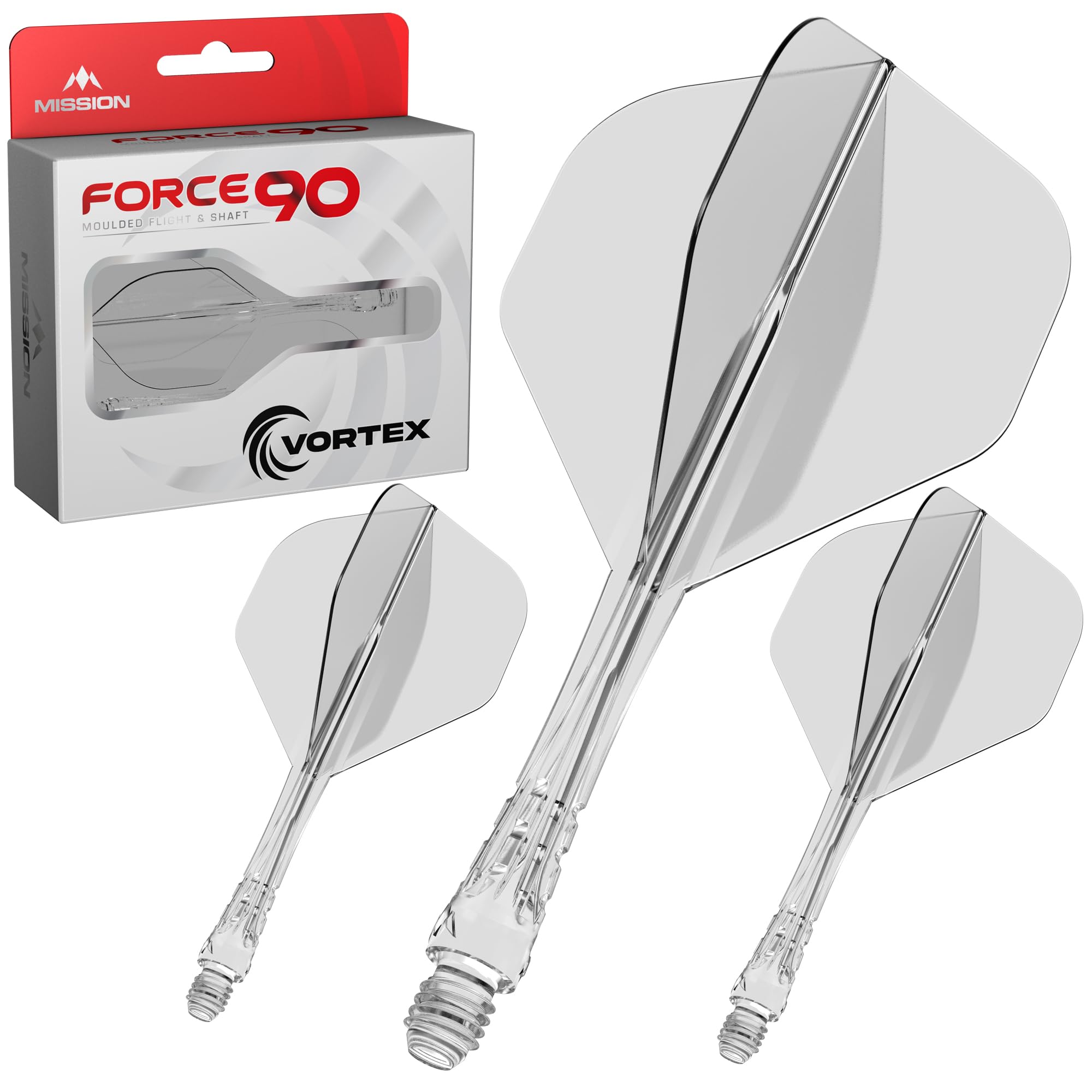 Mission Darts | Force 90 Vortex | Integrated Precision Moulded Dart Flight And Shaft System | Multiple Styles | Multiple Colours. (Standard No2 - Short, Clear)