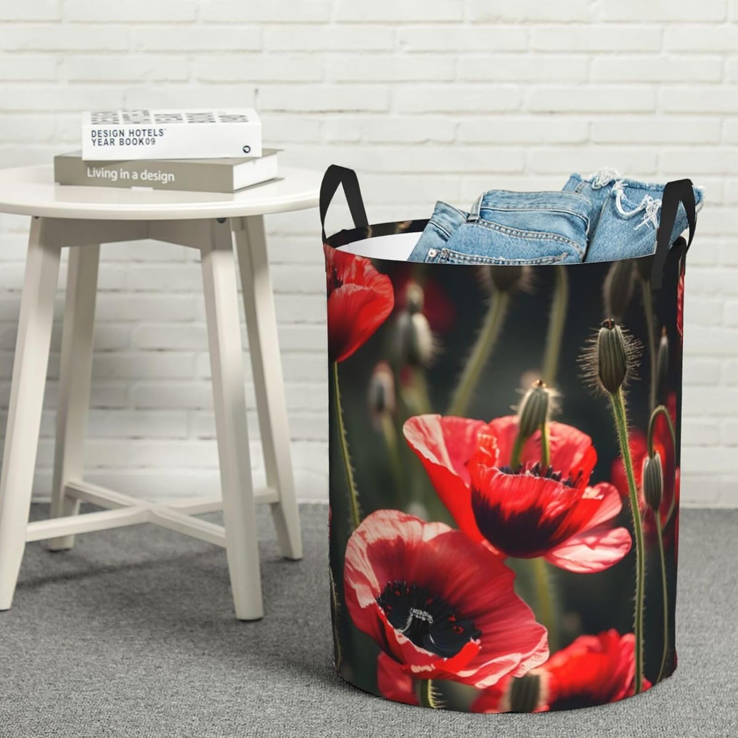 Beautiful Red Poppy Flower Print Circular Protable Storage Bin,Basket For Laundry Hamper With Handles Bedroom Clothes