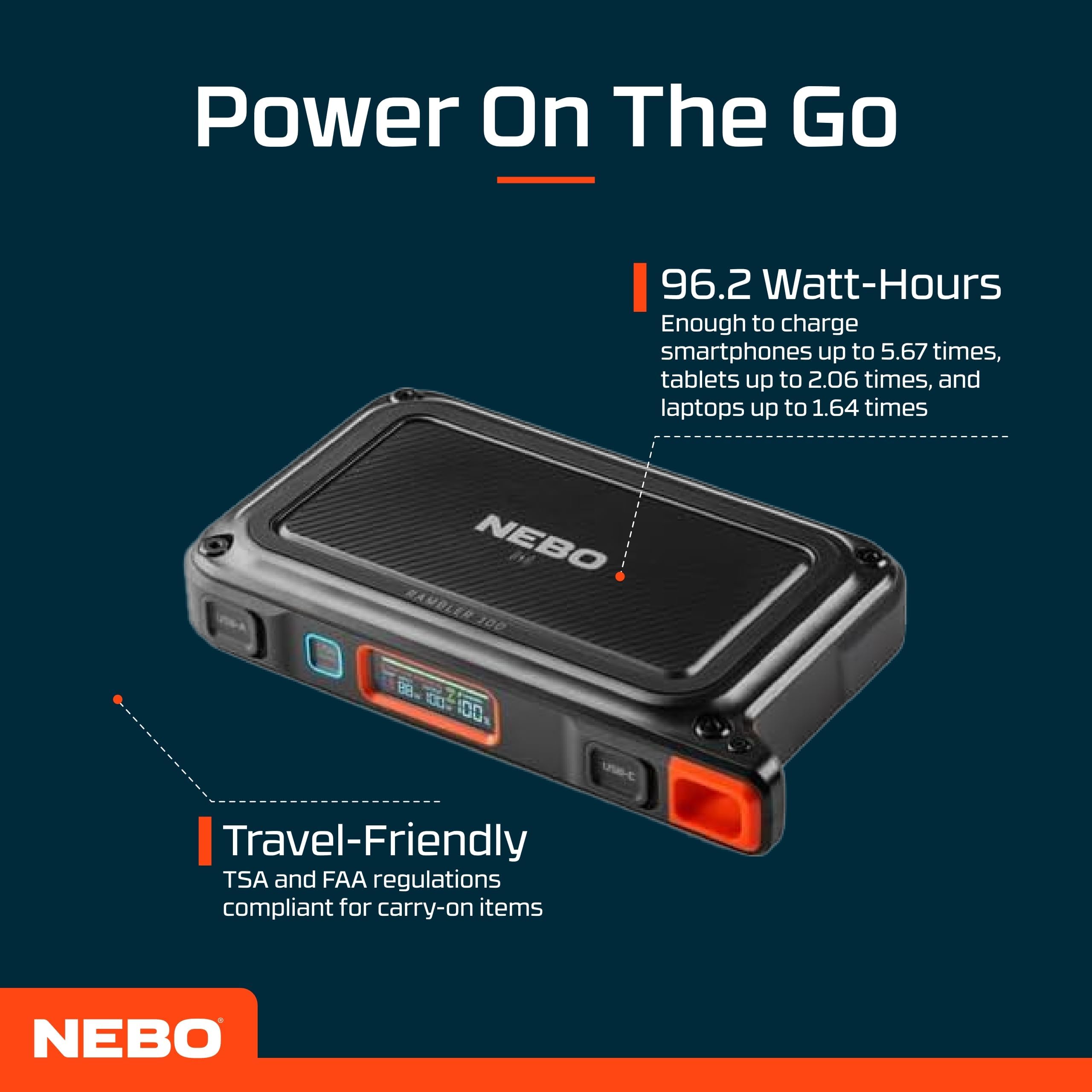 NEBO Rambler PS100 - Batterie Externe et Power Bank Portable avec Ports USB, sans Fil et CA - Accessoire de Camping - pour Smartphones, Ordinateurs Portables et caméras