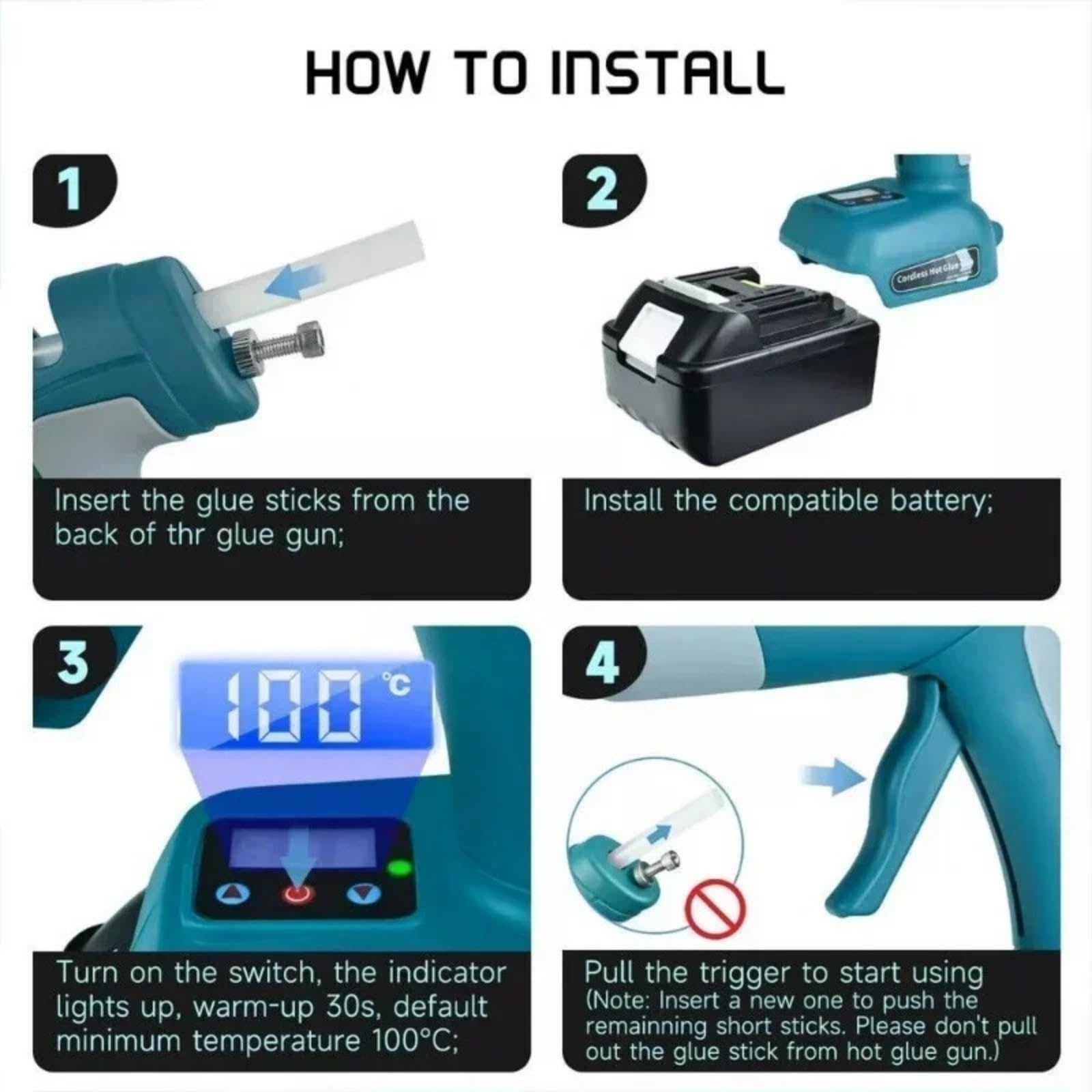 Pistola Silicona Caliente, Pistola de pegamento caliente a batería de 18 V a 21 V, sin batería, digital, temperatura ajustable, inalámbrica, for reparaciones de bricolaje para Reparaciones(Blue)