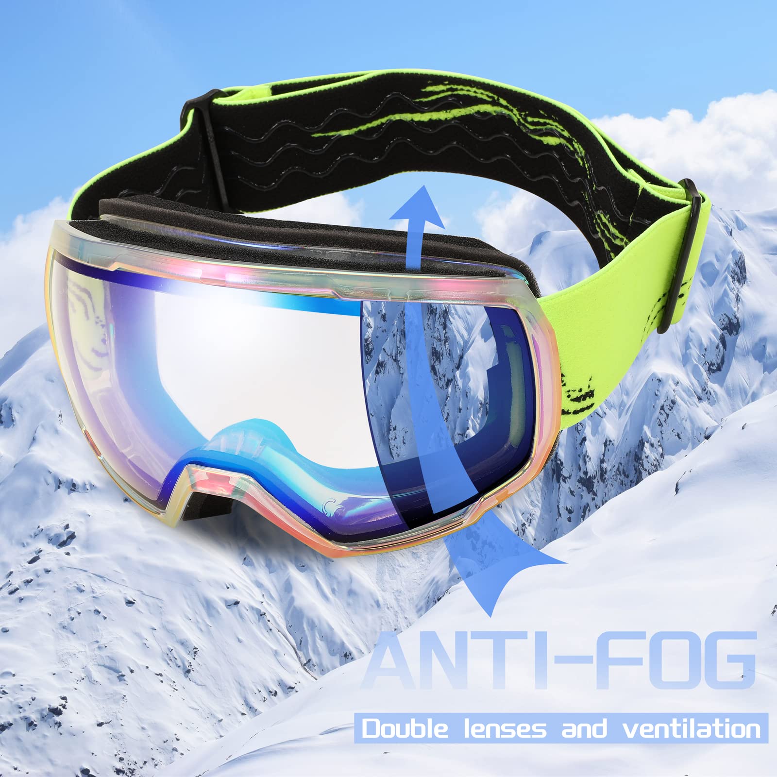 FEISEDY Masques de Ski Hommes & Femmes, Anti-Buée, Protection UV B2960 | Design OTG, Adaptés à la Neige, Masques de Snowboard pour Porteurs de Lunettes