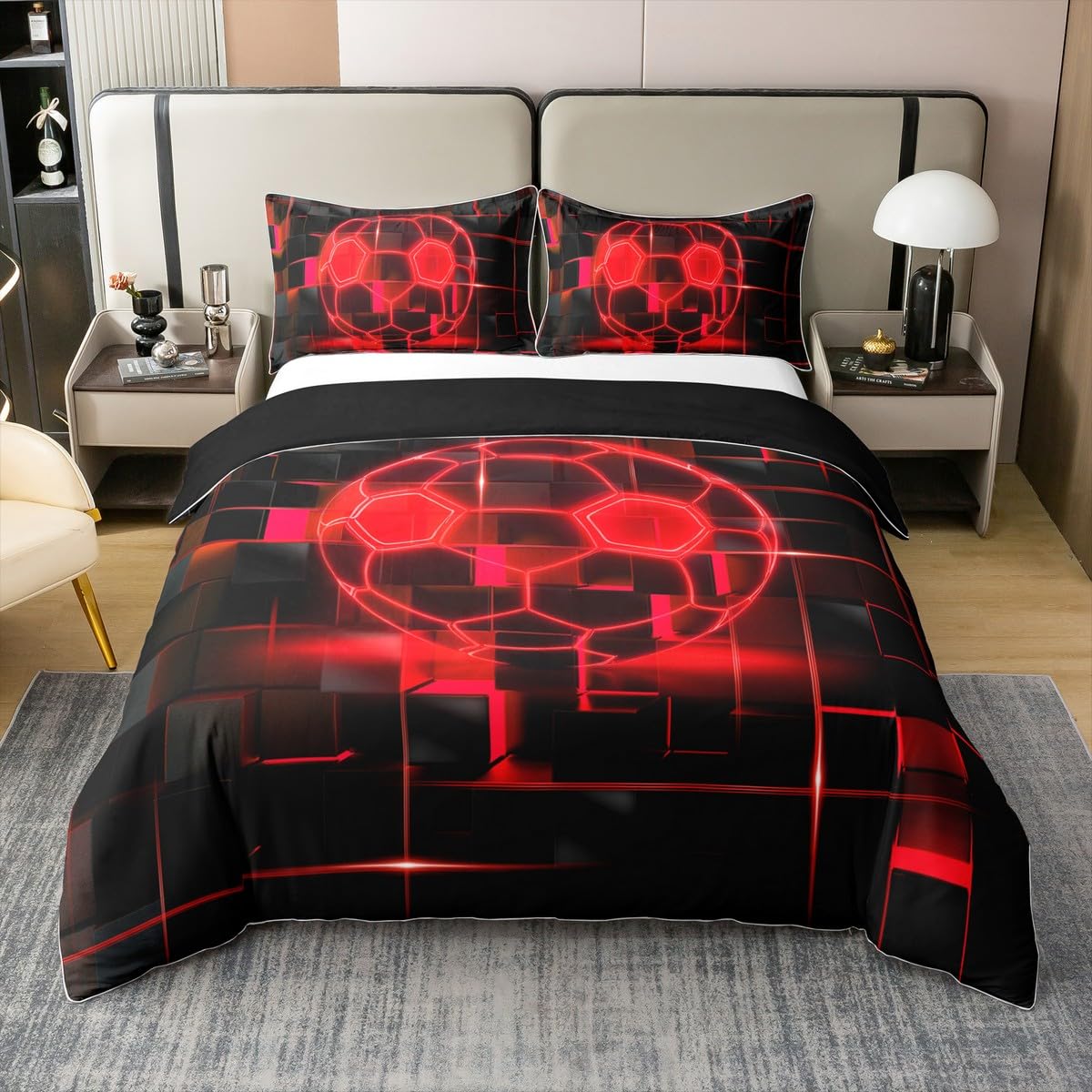Parure de lit soccer rouge 220x240 avec couvre-lit plaid géométrique