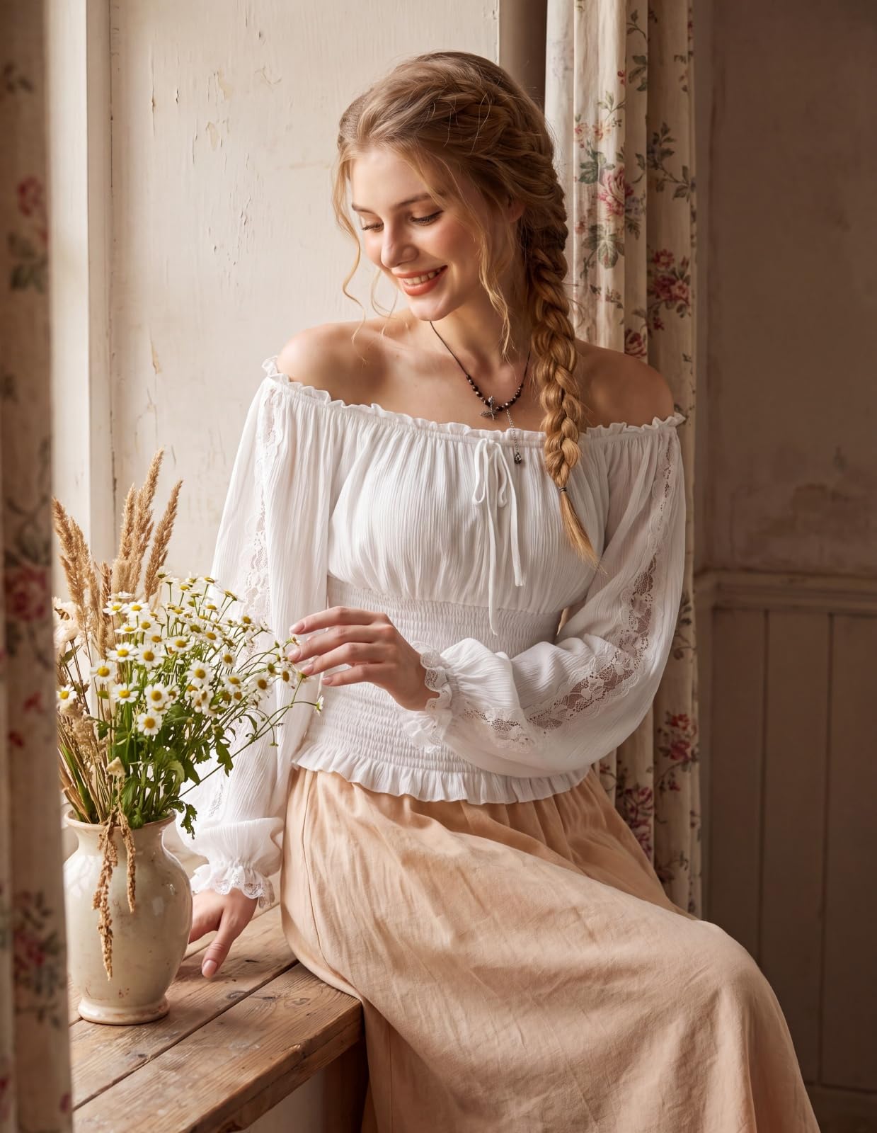 SCARLET DARKNESS Renaissance Schulterfrei Langarm Damenblusen