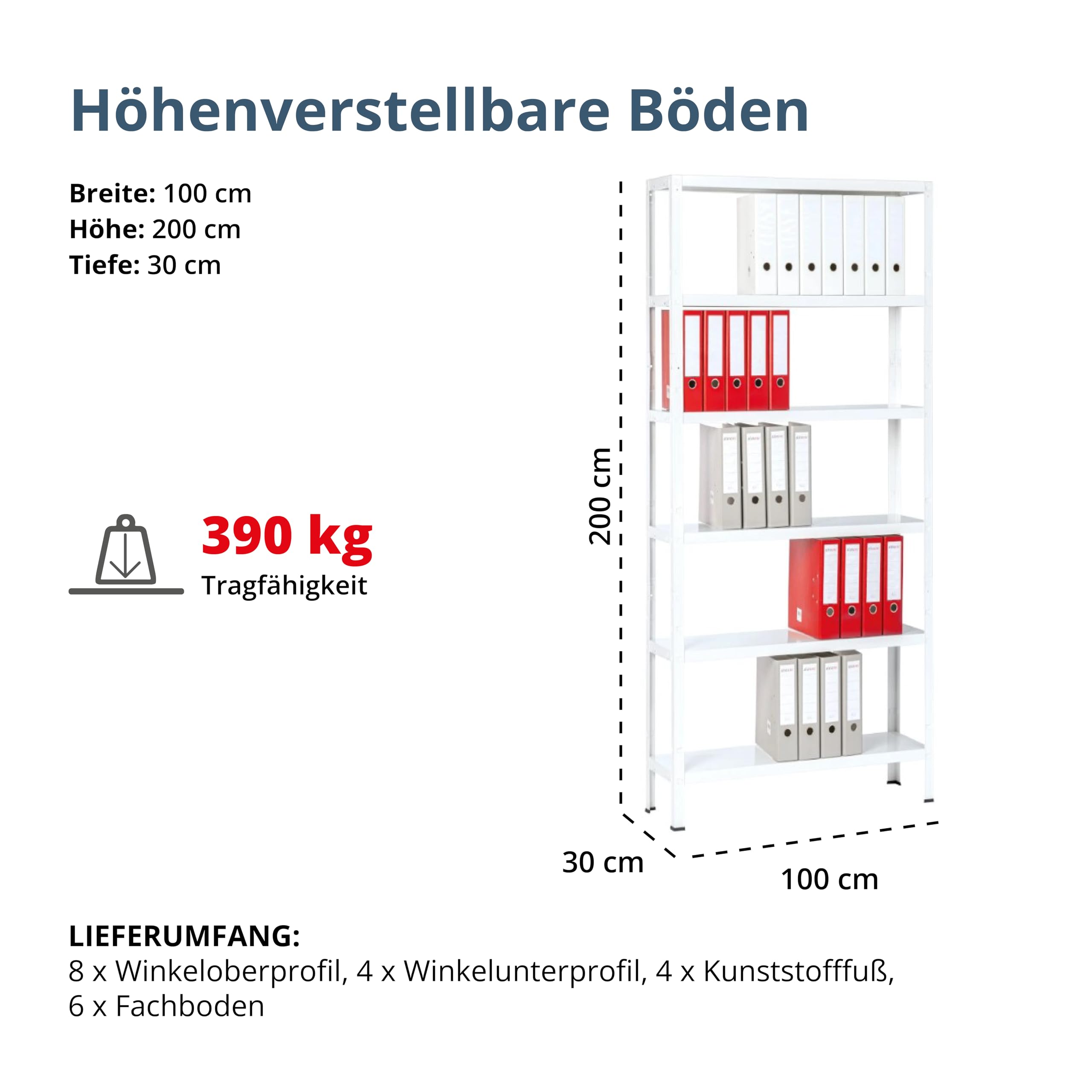 SCHULTE Regalwelt Steck- Büroregal mit 6 PowerMAX Fachböden, 65 kg Tragkraft, 200x100x30 cm (HxBxT), weiß, Lagerregal, Werkstattregal, Kellerregal, Garagenregal, Metallregal