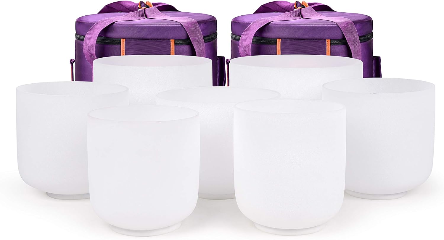 TOPFUND 6-10″ Chakra Set of 7 Crystal Singing Bowls with Carrying Cases and Singing Bowl Mallets