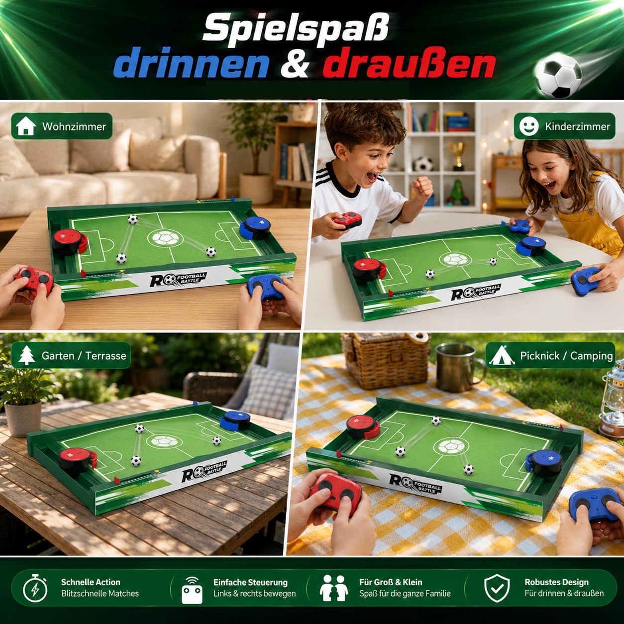 RC zestaw do piłkarzyków dla 2 graczy – elektryczna gra w piłkarzyki z pilotem zdalnego sterowania i licznikiem punktów – zabawny prezent dla chłopców i dzieci, przenośny stół do gry w piłkarzyki do