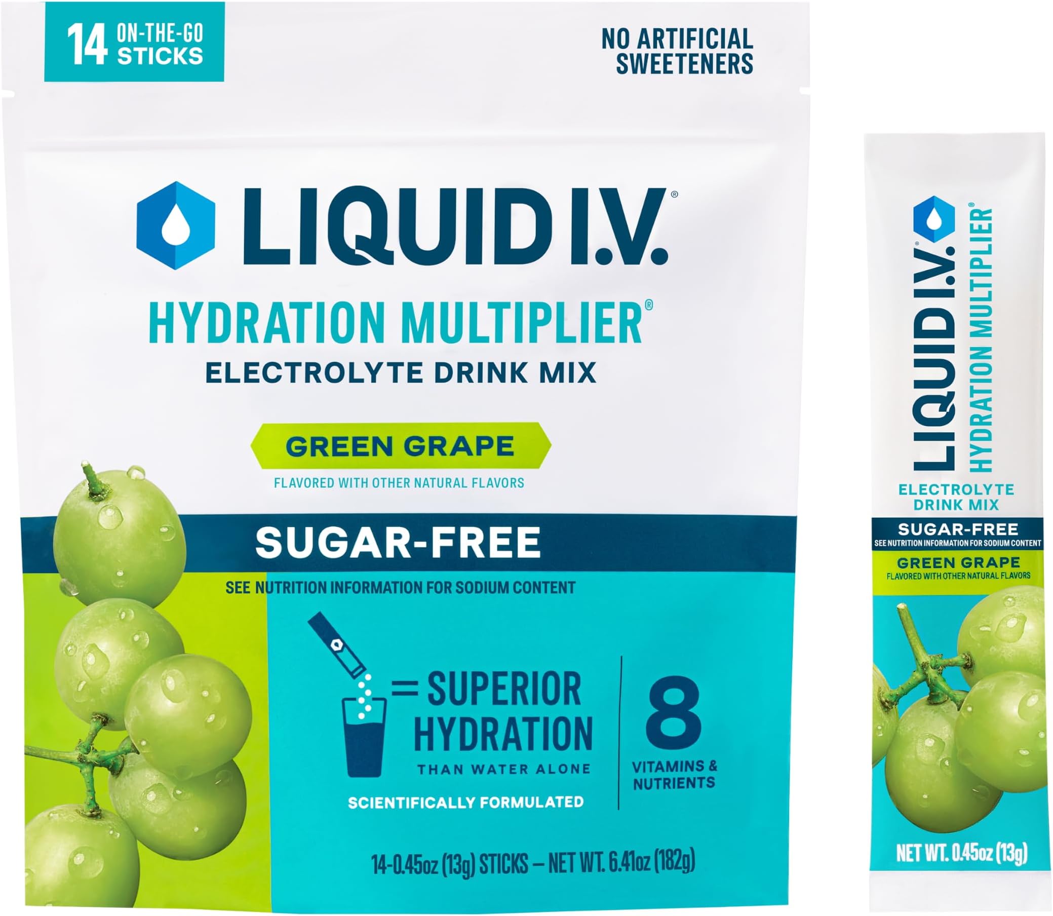Liquid I.V. Sugar-Free Hydration Multiplier - Green Grape – Sugar-Free Hydration Powder Packets | Electrolyte Drink Mix | Easy Open Single-Serving Stick | Non-GMO | 14 Sticks