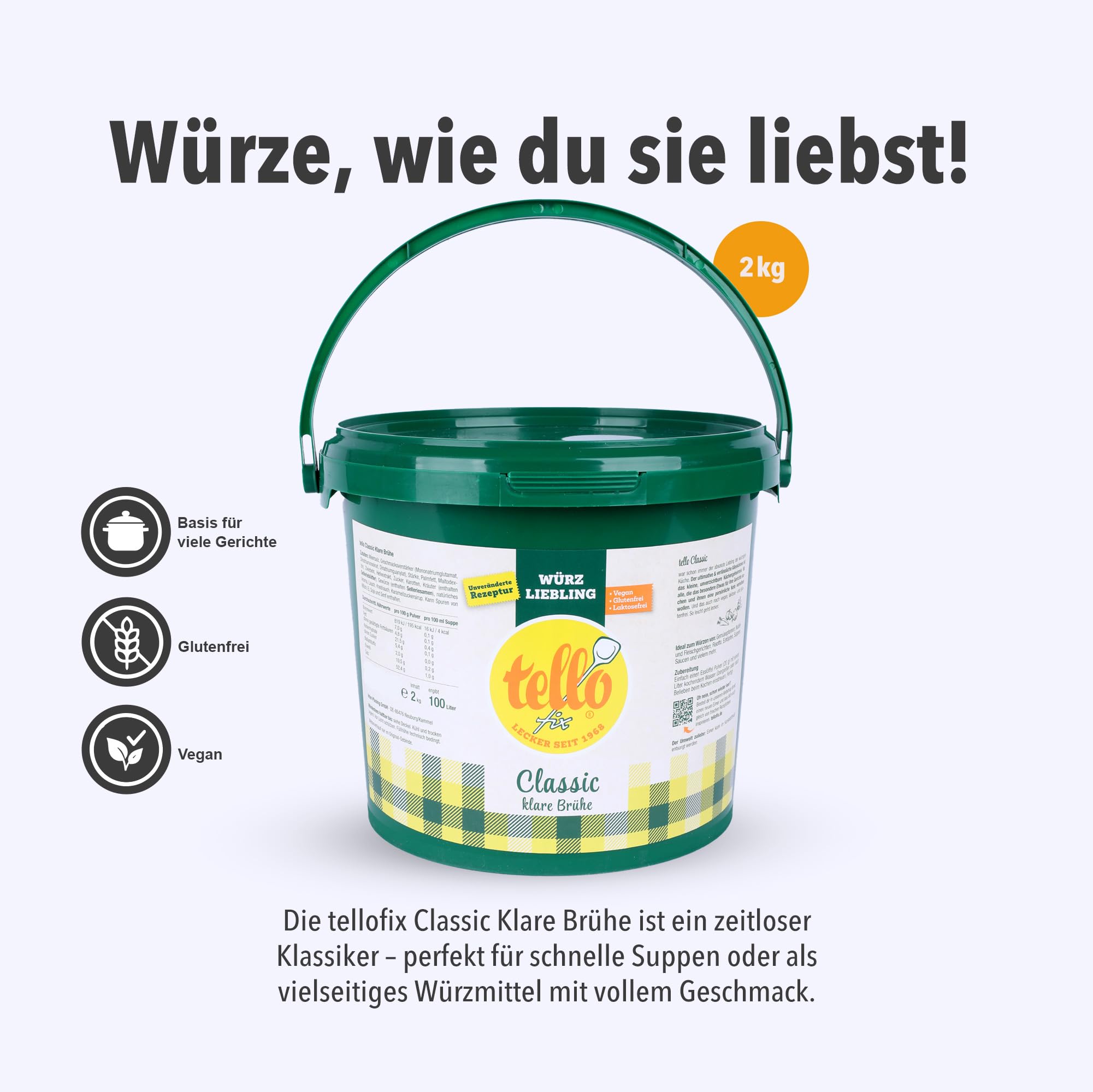 Tellofix Classic Klare Brühe 2kg - Vielseitige Gemüse Brühe -Universal-Würzmittel zum Verfeinern von Suppen - Kalorienarm, glutenfrei, lactosefrei & vegan - Keine Farb- oder Konservierungssstoffe