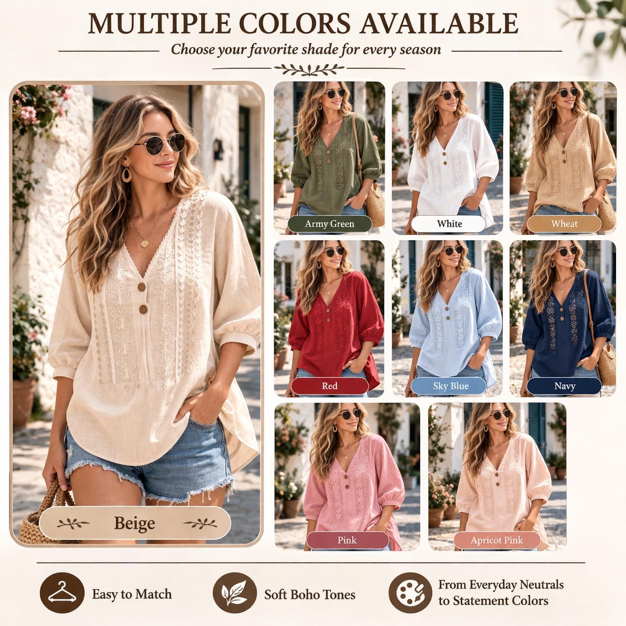 Women's 2 Piece Linen Set 3/4 Sleeve Button Down Shirt & Shorts with Pockets Casual Summer Linen Set